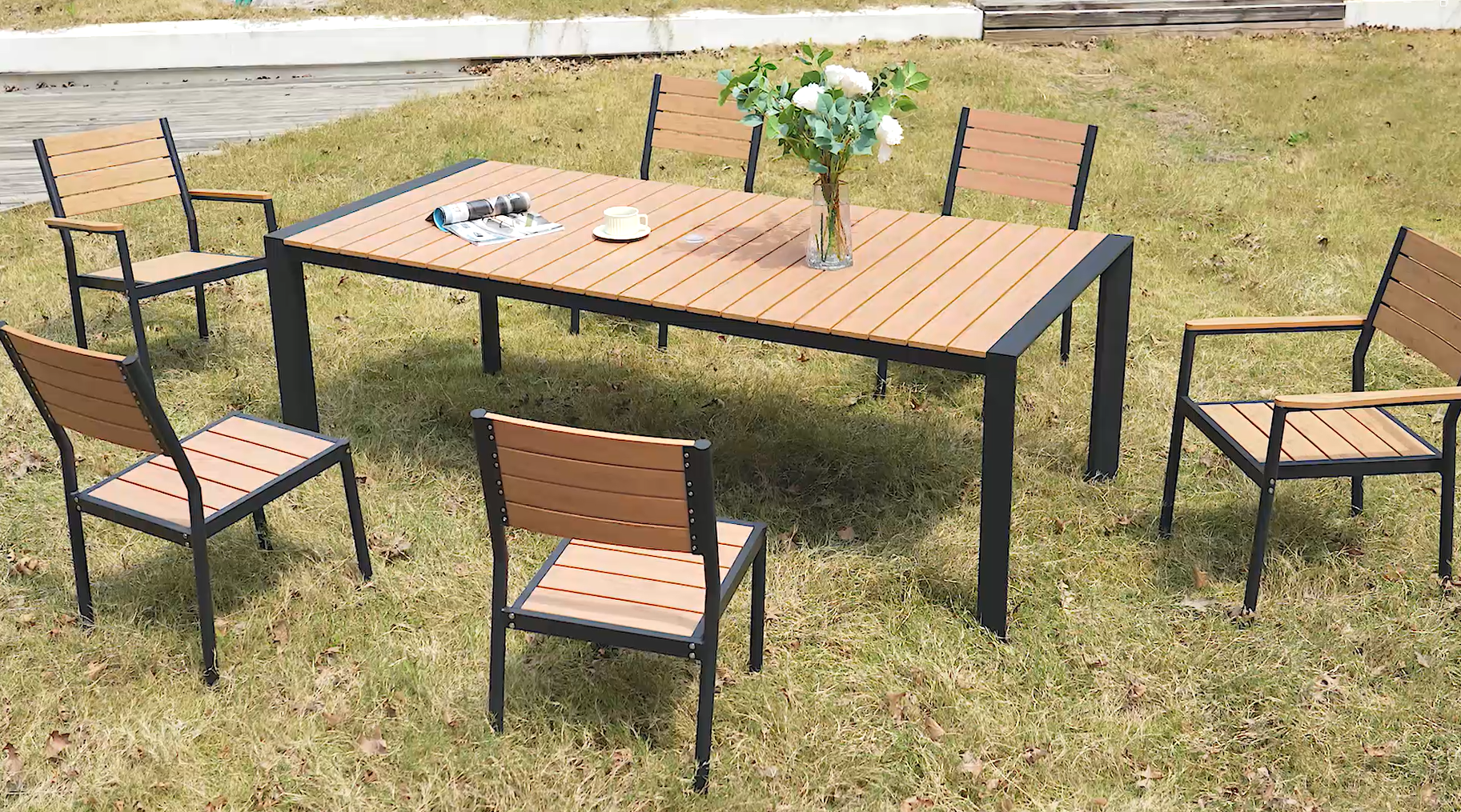 thumbnail video image 2 of Crestlive Products 11-Piece Outdoor Dining Table Set for 10,Aluminum Patio Table and Chairs with Umbrella Hole, Brown, 2 of 8