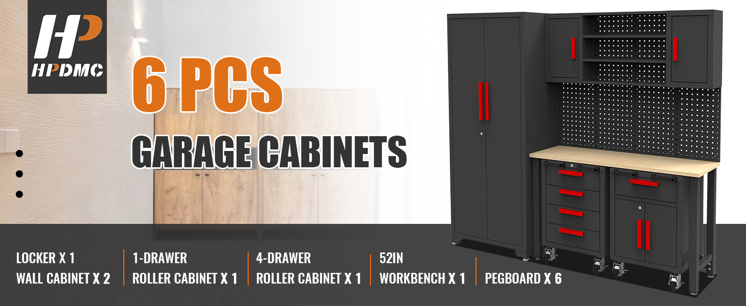 thumbnail video image 2 of HPDMC Garage Storage Cabinet System 6-Pcs: Workshop Set with Pegboard & Rubber Wood Worktop Steel Cabinet Drawers, Rolling Chest for Tool Organization, 2 of 9