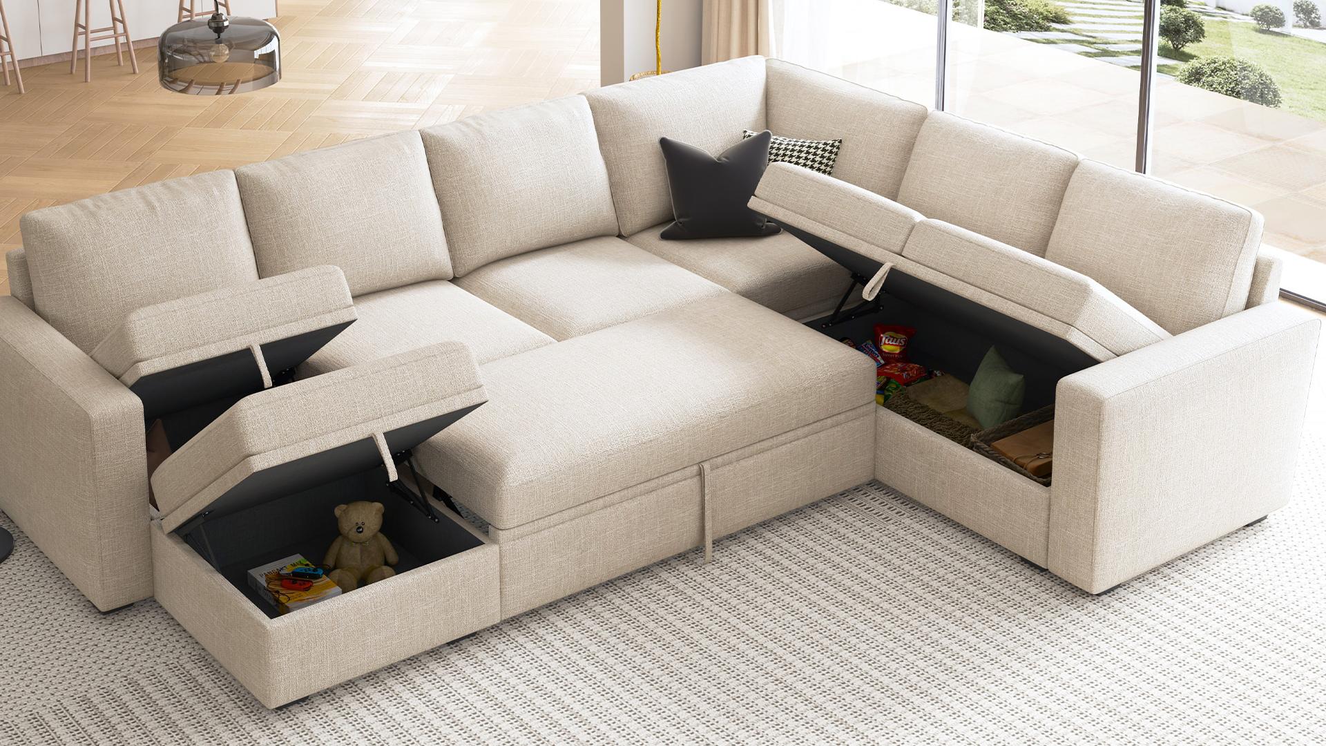 thumbnail video image 2 of HONBAY Convertible Linen Sleeper Sofa Couch Pull Out Sofa with Storage for Living Room Furniture Sets, Beige, 2 of 11