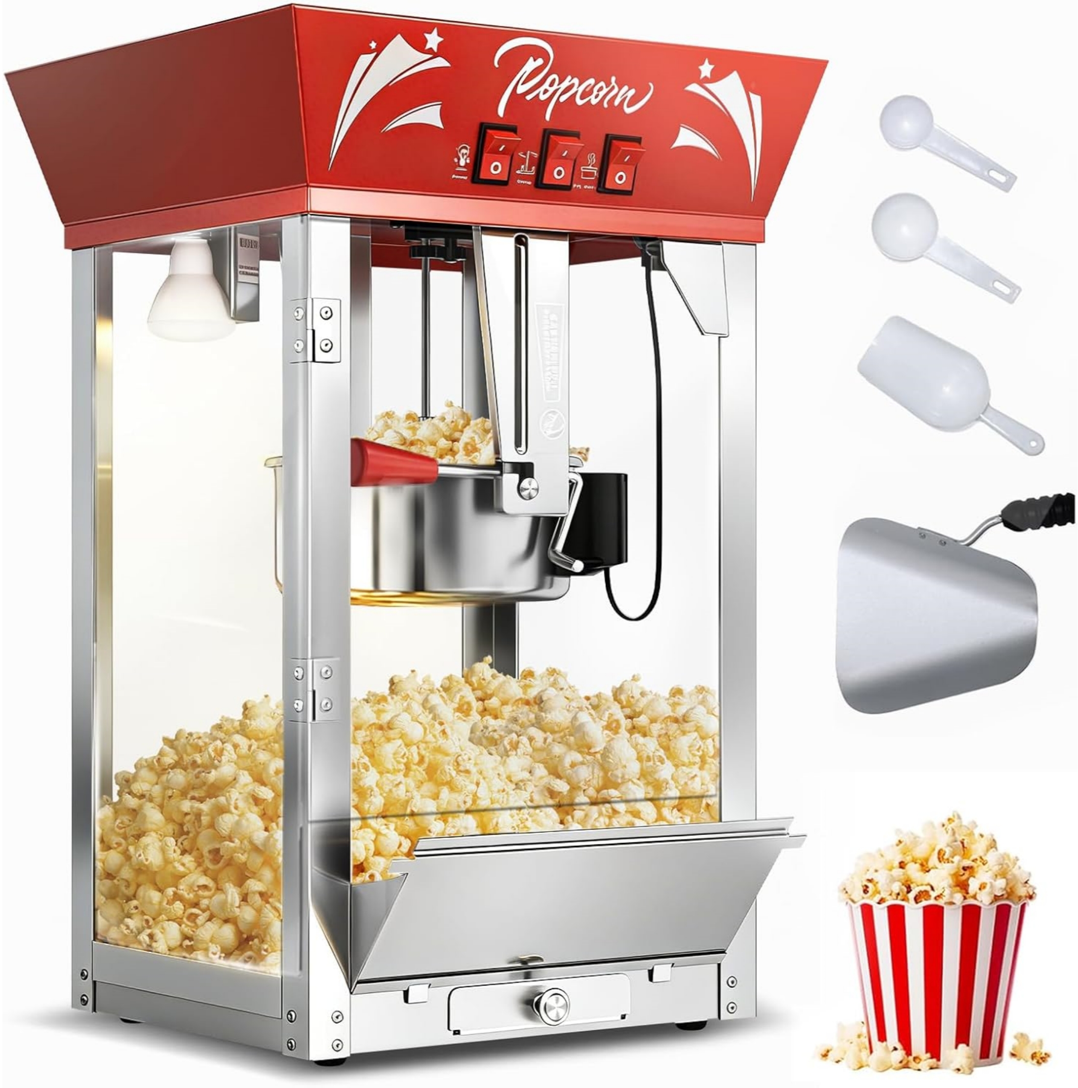 thumbnail video image 2 of Chicdaze Popcorn Machine - 12oz Popper with Stainless-Steel Kettle, Reject Kernel Tray, Warming Light, and Accessories by Great Northern Popcorn (Red), 2 of 10