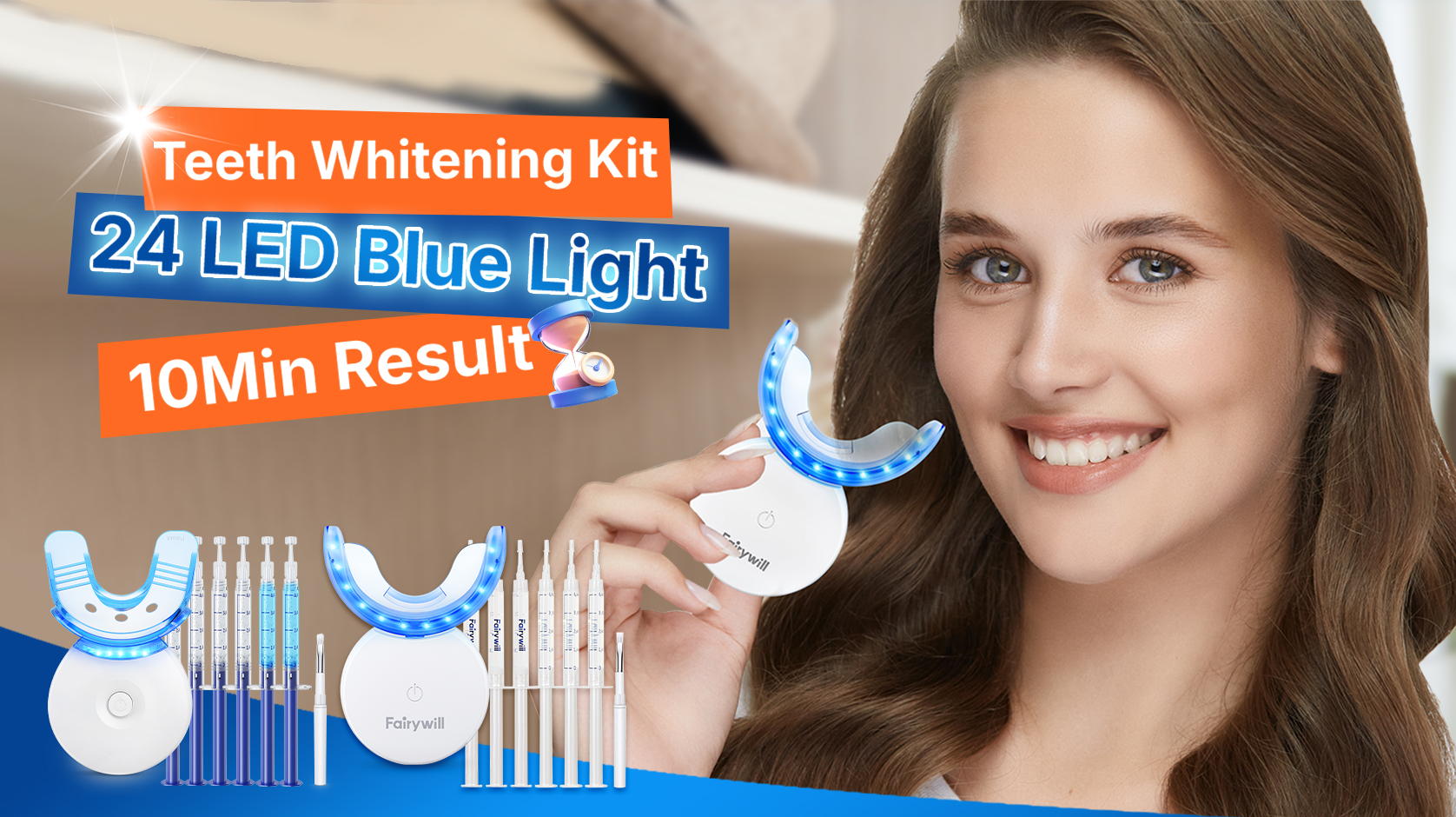 thumbnail video image 3 of Fairywill LED Teeth Whitening Strips Kit for Sensitive Teeth - 28 White Strips + 24 Blue Light Accelerator, 20Min Rapid White At-Home Dental Care for Smoking & Coffee Stains, 3 of 13