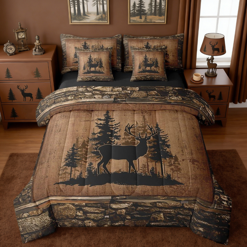 thumbnail video image 2 of Manfei Jungle Deer 7-Piece Twin Bedding Sets Kids,Rustic Hunting Cabin Lodge Farmhouse Nature Wildlife Antlers Brown Bedding Comforter Set Reversible, 2 of 8