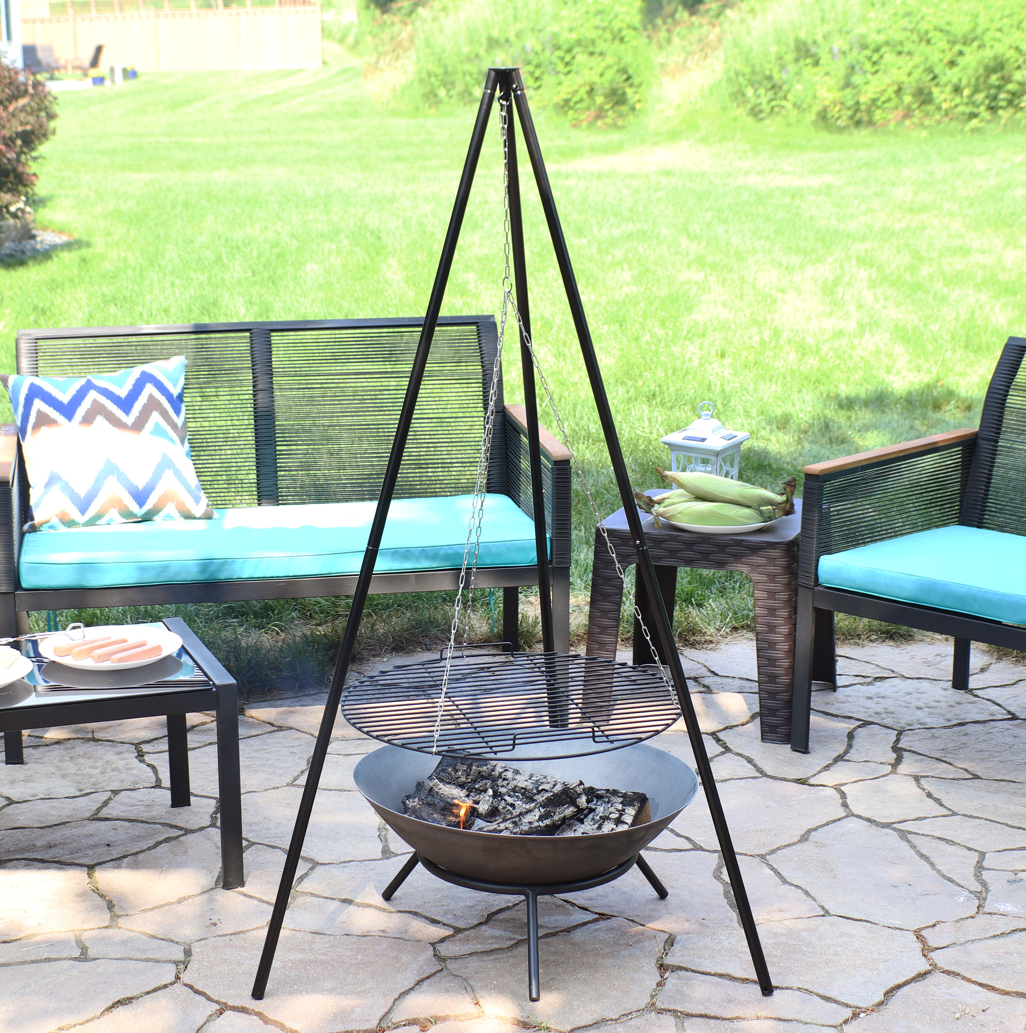 thumbnail video image 2 of Sunnydaze Outdoor Camping or Backyard Steel Tripod Fire Pit Cooking Grilling BBQ Grate - 22" - Black, 2 of 14