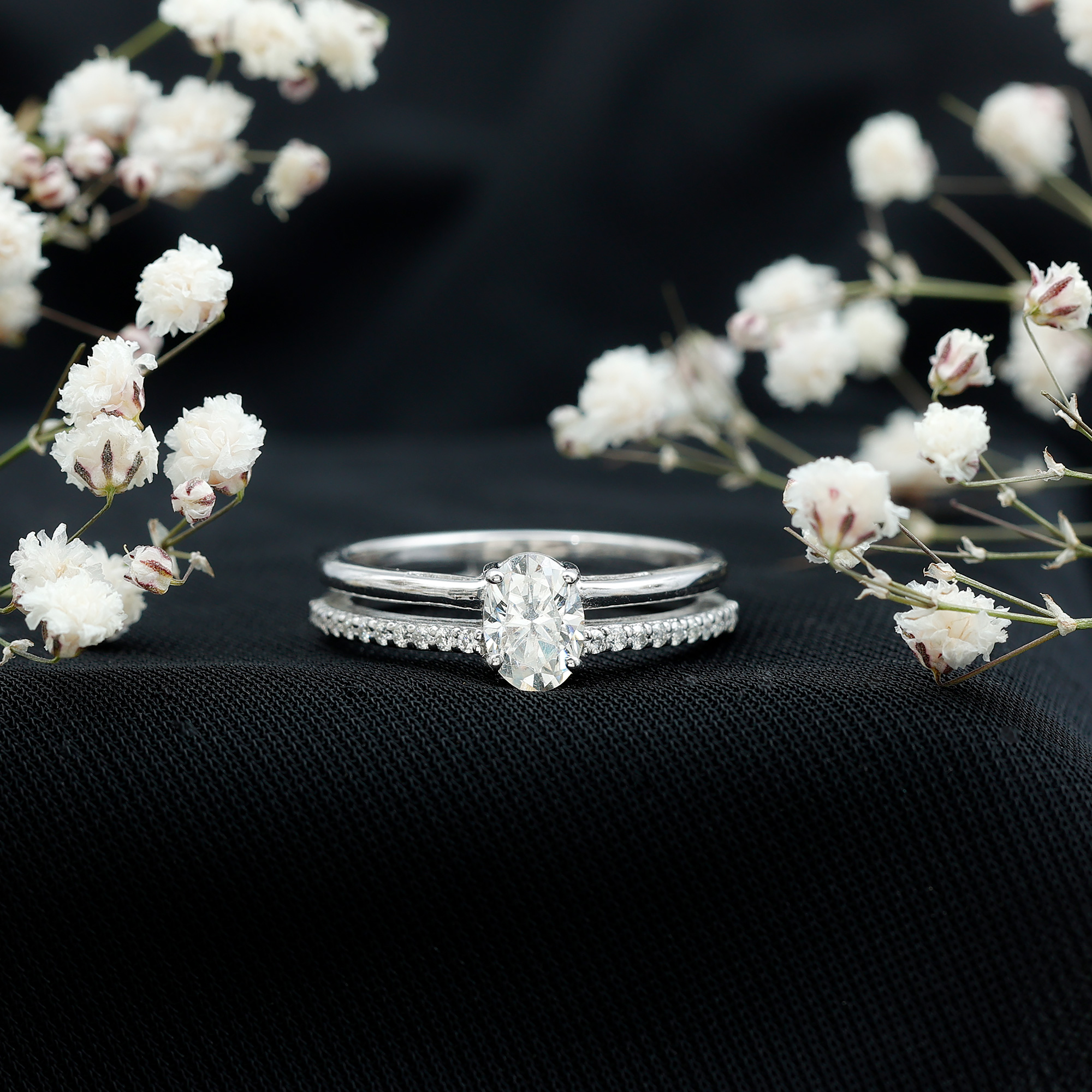 thumbnail video image 2 of Rosec Jewels Moissanite Oval Engagement Ring 1 Carat - Double Band Ring - 5X7 mm - D-VS1 Grade Certified, 10K White Gold, US 10.00, 2 of 8