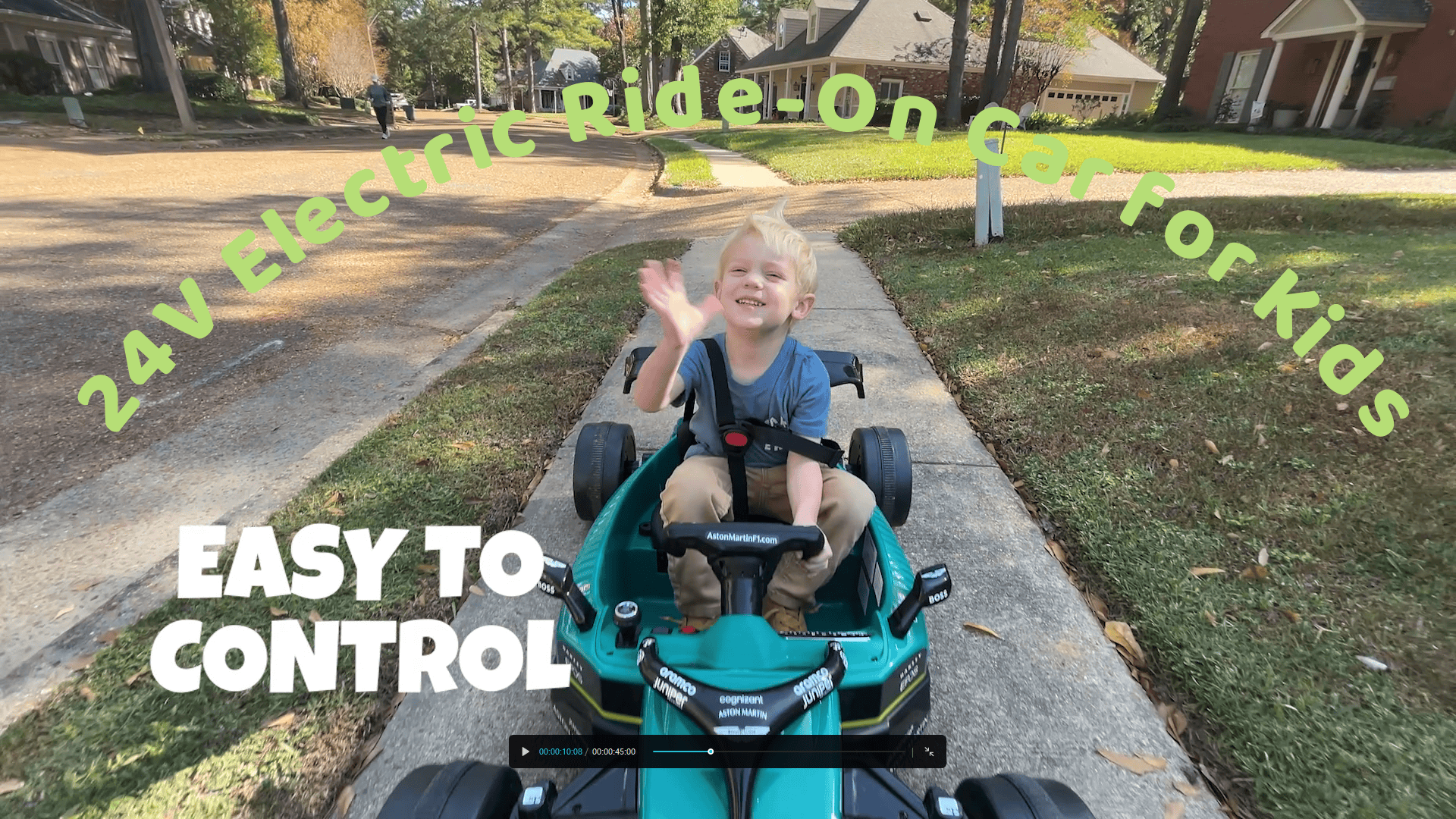 thumbnail video image 2 of Aston Martin Racing Licensed 24V F1 Kids Ride On Car with Parent Remote Control, Rechargeable Battery Ride-On Toy, 3 Speeds, Music, 2 of 8