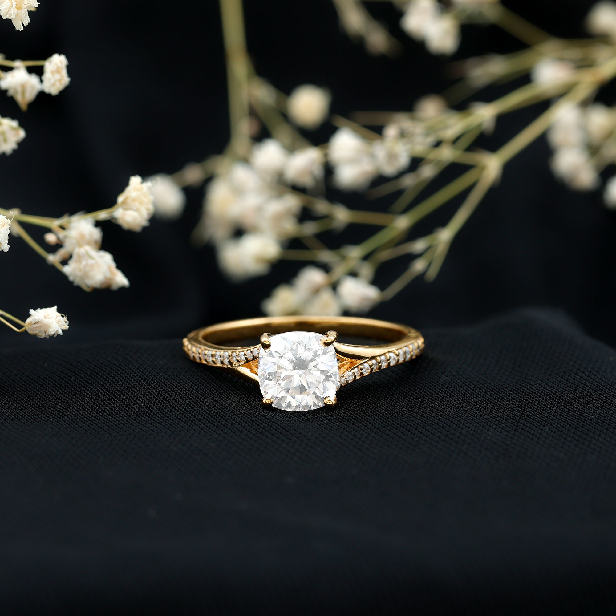 thumbnail video image 2 of Rosec Jewels Cushion Cut Solitaire Moissanite Split Shank Ring, Engagement Ring for Women, 925 Sterling Silver, US 4.00, 2 of 7