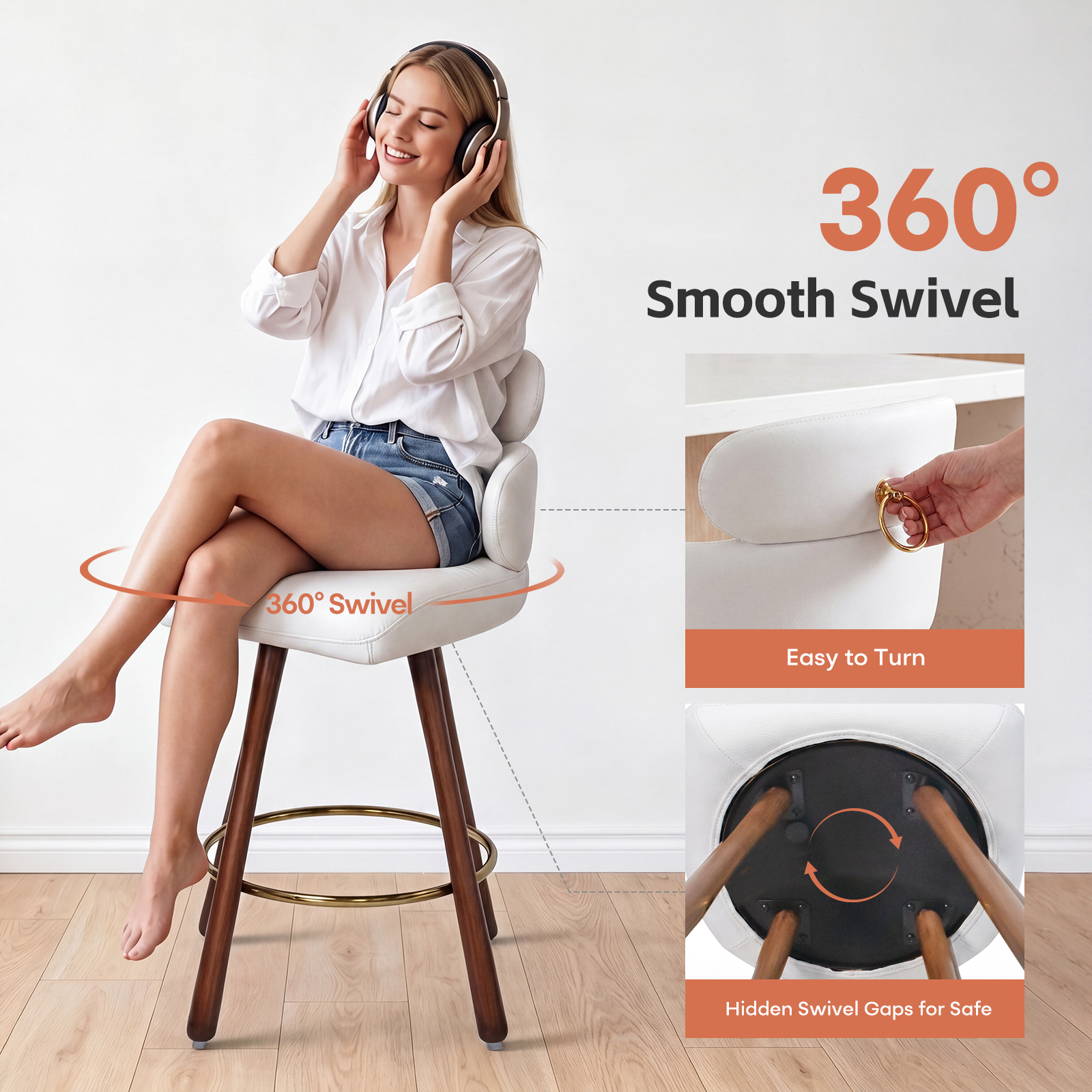 thumbnail video image 2 of HomeZeer 26" Swivel Bar Stools Set of 4, Light Brown PU Leather with Back & Footrest, Solid Wood Legs Anti-Slip Base, Counter Height Stools for Kitchen Island, 2 of 10