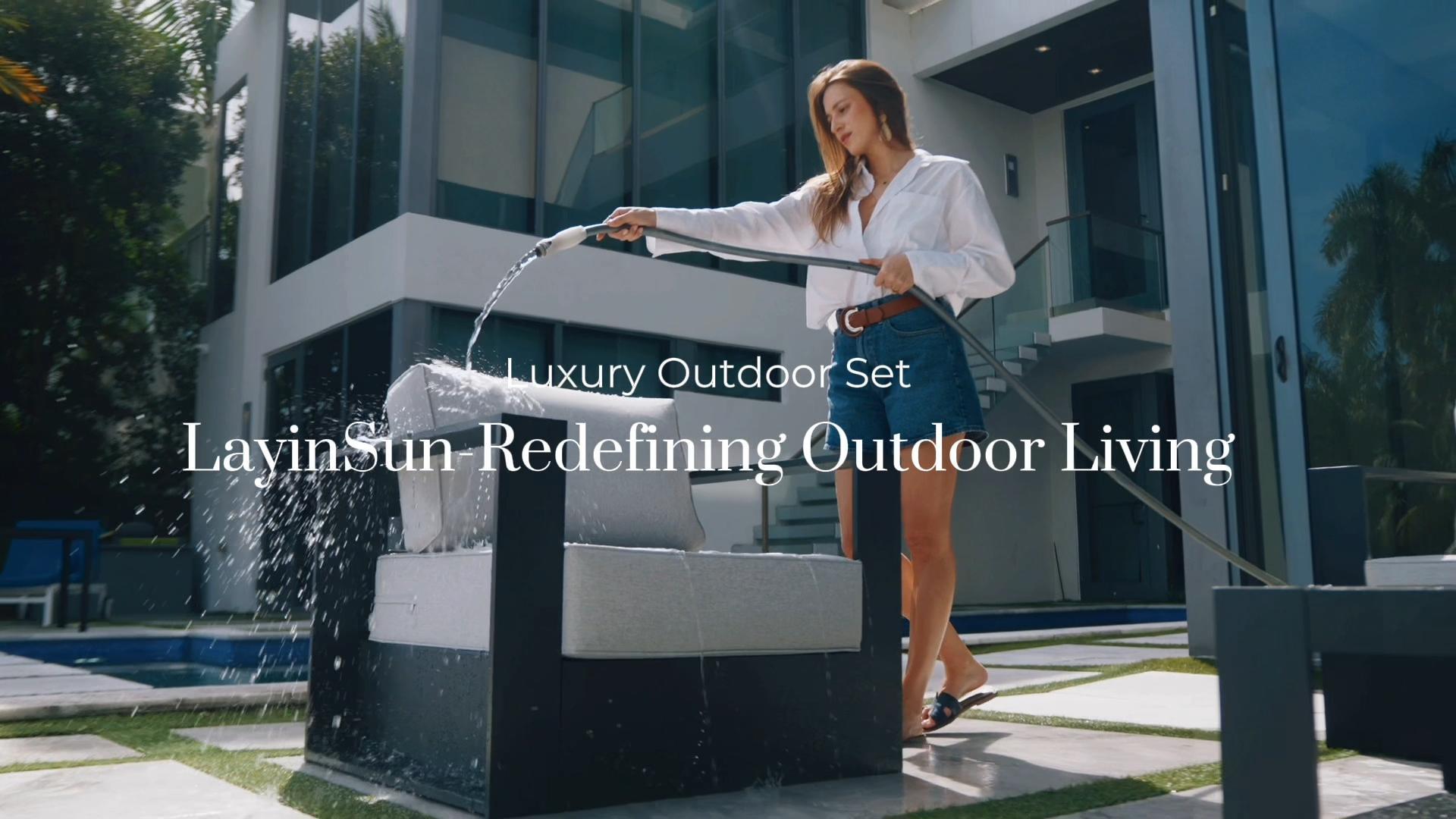 thumbnail video image 2 of LayinSun Oversized Aluminum Outdoor Furniture Set, 5 Piece Patio Sofa Sets with Fire Pit Table, Deep Seating and Upgraded 6-inch Cushions for Porch, Balcony, Deck, 2 of 8