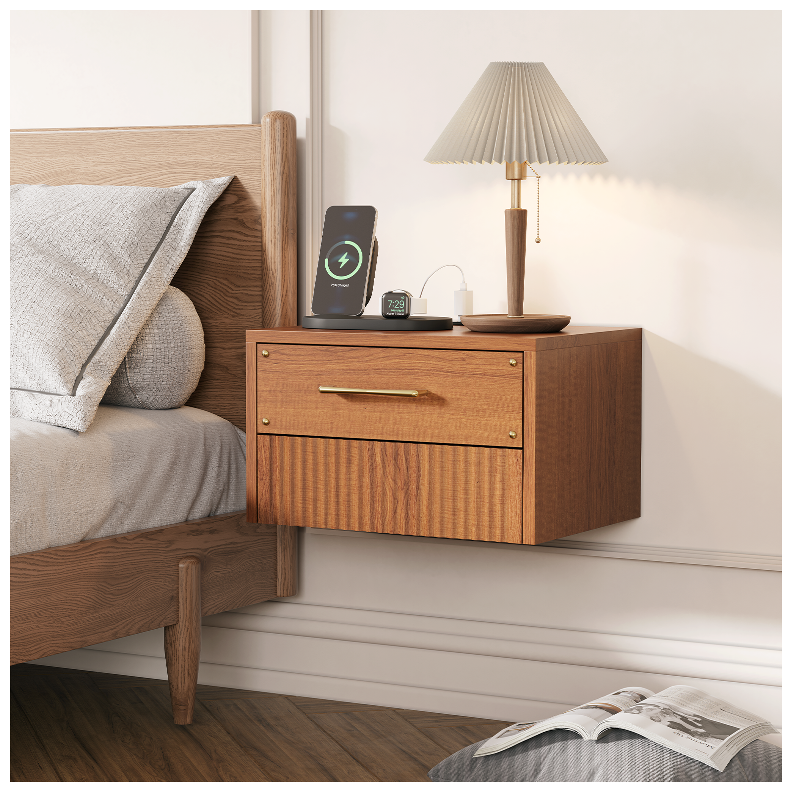 thumbnail video image 2 of JOINICE Mid Century Modern Floating Nightstands with Charging Station Fluted Wall Mounted Bedside Table for Bedroom,Living Room,Walnut, 2 of 7