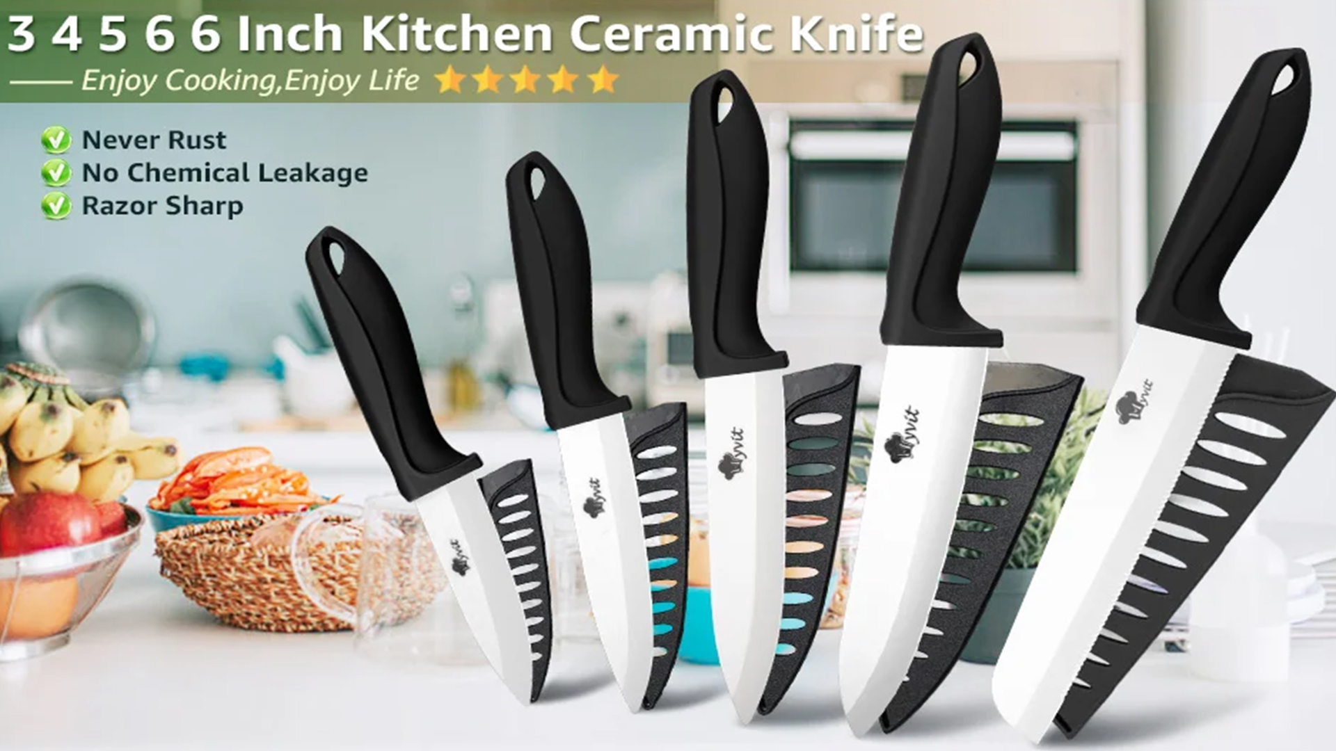 thumbnail video image 2 of Myvit Ceramic Knives Set for Kitchen,11-Piece Chef Vegetable Fruit Paring Knifes with Cover, 6" Serrated Fruit Peeler,6",5",4",3" in Blue, 2 of 9
