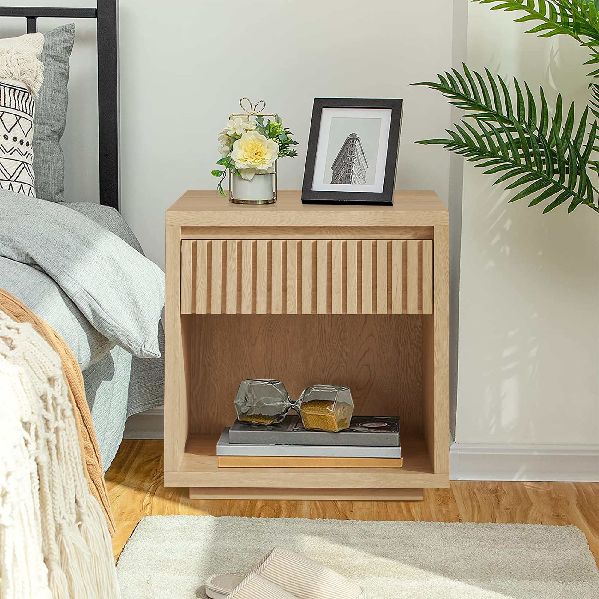 thumbnail video image 2 of Modern Nightstand, Bedside Table with Drawer and Opening Shelf, End Table for Living Room, Bedroom, Wood Color, 2 of 9