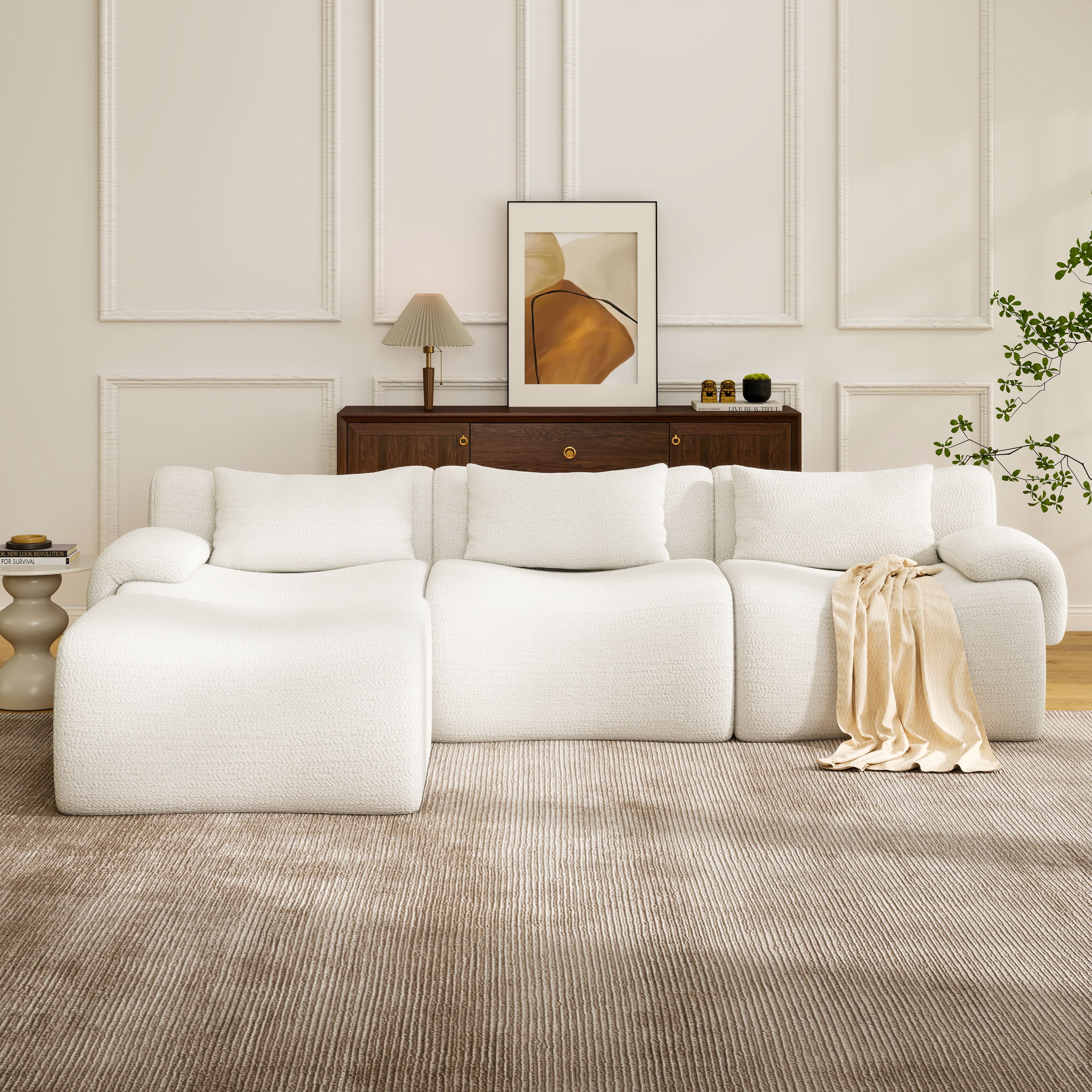 thumbnail video image 2 of Aylenic White Boneless Sectional Couches for Living Room, 117" L Shaped Curved Modular Sofa with Ottoman, Deep Comfy 3 Seater Chenille Foam Couch, Modern No Assembly Sofa for Bedroom, Apartment, 2 of 14