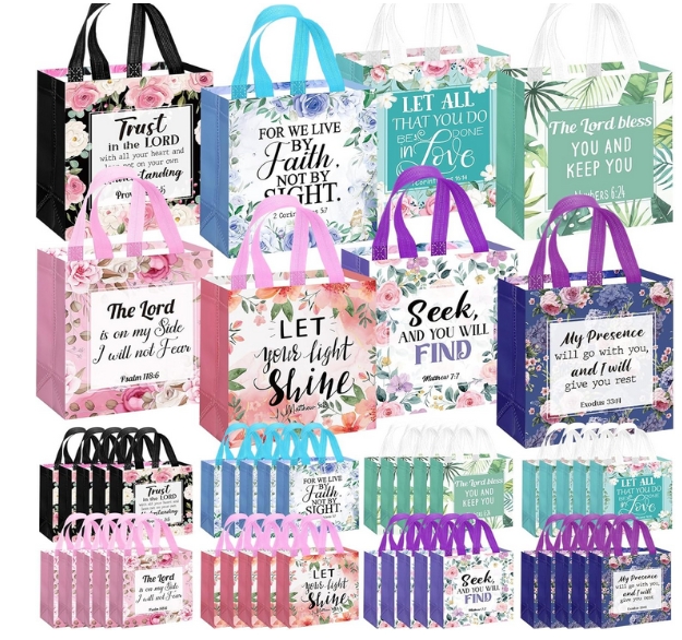 thumbnail video image 2 of 32 Pcs Bible Verse Flower Gift Bag With Handles Religious Reusable Gift Bags Bulk Christian Baptism Tote Bags Non Woven Gift Bags For Women Wedding Birthday Gift Wrapping Bags, 2 of 8
