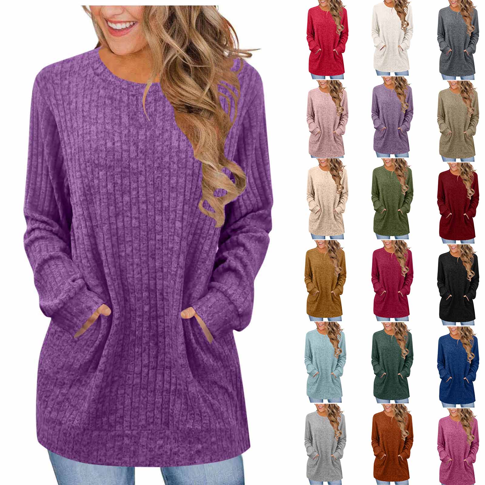 thumbnail video image 2 of Women Long Sleeve Shirts Loose Fit Crew Neck Tunic Tops Dressy Casual Fall Blouse Winter Sweaters with Pockets orders placed by me, 2 of 6