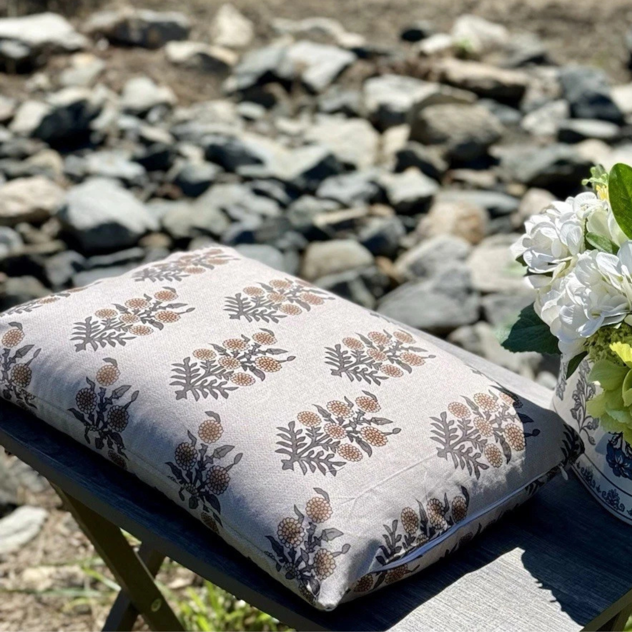 thumbnail video image 2 of Organic Buckwheat Pillow – 14" x 20" – Neutral Floral Block Print Cover – Decorative, Extra Filled, Perfect for Gift, 2 of 6