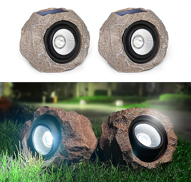 thumbnail video image 2 of 2 Pack Solar Rock Lights Outdoor, Waterproof LED Landscape Lights for Garden, Yard, Patio, Pathway Decor, Auto On/Off Spotlights, 2 of 7