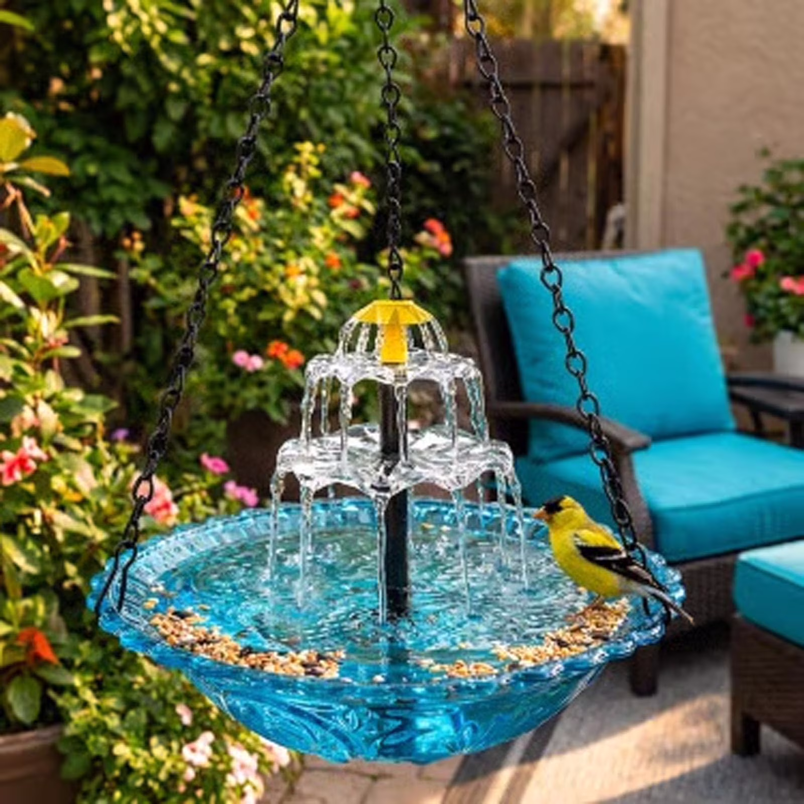 thumbnail video image 2 of Solar Cascade Hanging Bird Bath Fountain – Solar Powered Cascading Outdoor Water Fountain with Pump & Bowl, Hanging Bird Bath for Patio, Backyard, Lawn, Garden Decor, 2 of 9