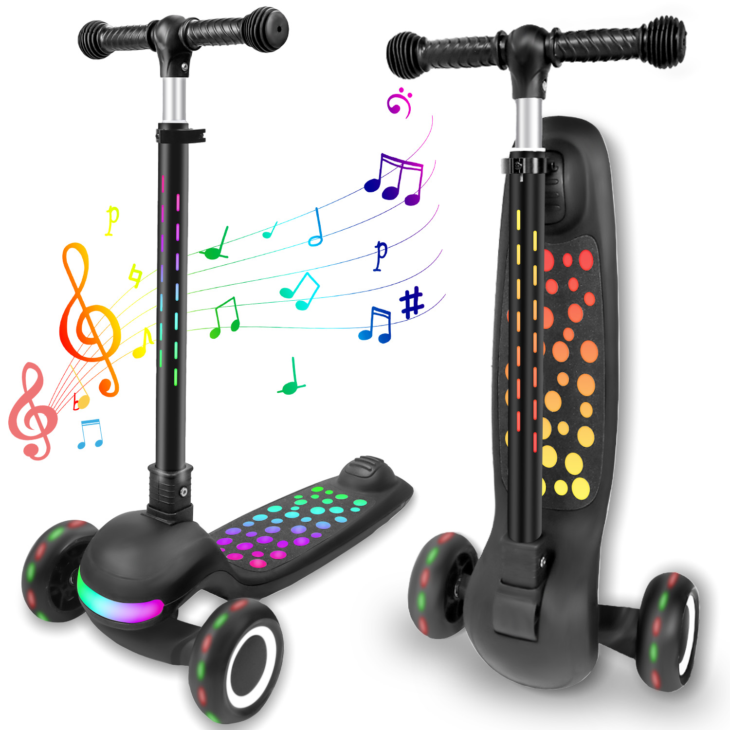 thumbnail video image 2 of Light Up 3 Wheel Kick Scooter for Kids Toddlers Girls with LED Sync Lights Flashing Stem & Wide Polka Dot Deck Adjustable Height Music Function Safe Sturdy Folding, 2 of 9
