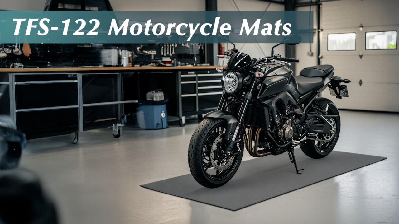 thumbnail video image 2 of Rubber-Cal "TFS-122 Motorcycle Mat" - 5mm x 4ft x 8ft - Light Gray, 2 of 5