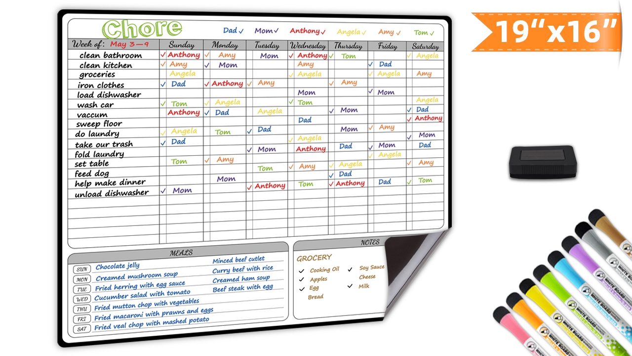 thumbnail video image 2 of JJPRO Magnetic Dry Erase Chore Chart Whiteboard with 8 Whiteboard Markers and Eraser with Magnets, 19"x16", 2 of 8