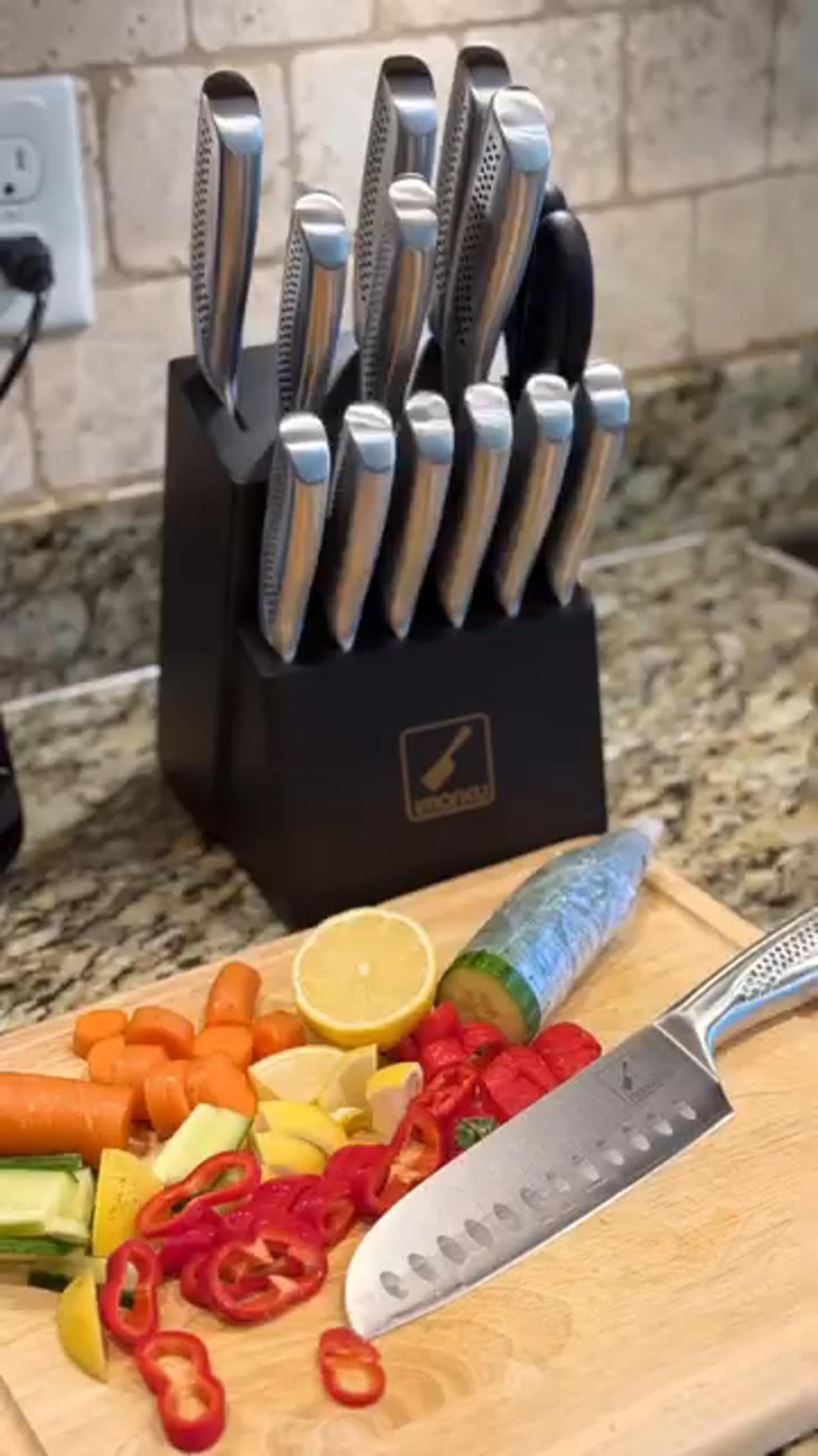 thumbnail video image 2 of imarku Knife Set, 15-Pieces HC Stainless Steel Kitchen Knife Set With Built in Knife Sharpener, Razor-Sharp Blade Knife Block Set With Non-Slip Handle, Dishwasher Safe, Mothers Day Gifts,Brown, 2 of 10