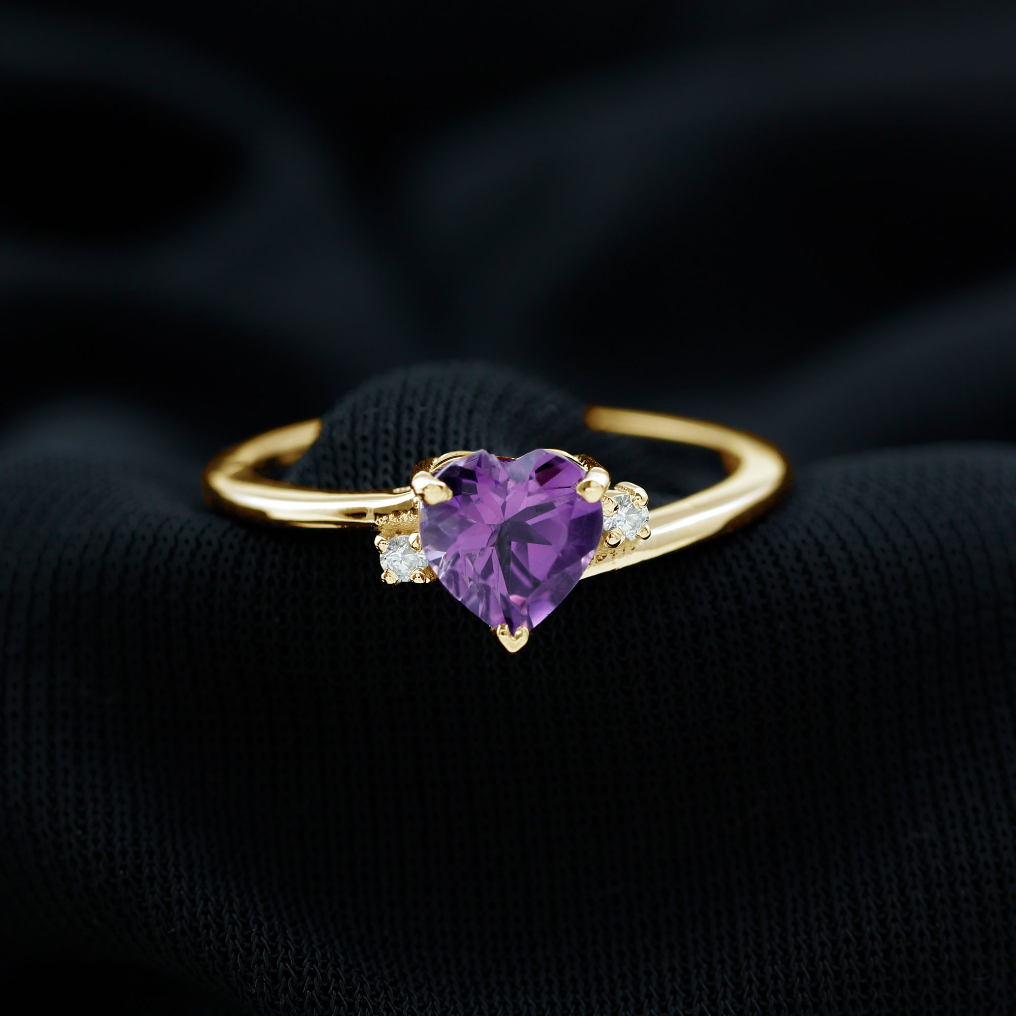 thumbnail video image 2 of Rosec Jewels Natural Amethyst Heart Promise Ring - 6 mm - February Birthstone Ring - Ready to Gift for Valentines, 14K Yellow Gold, US 12.50, 2 of 8