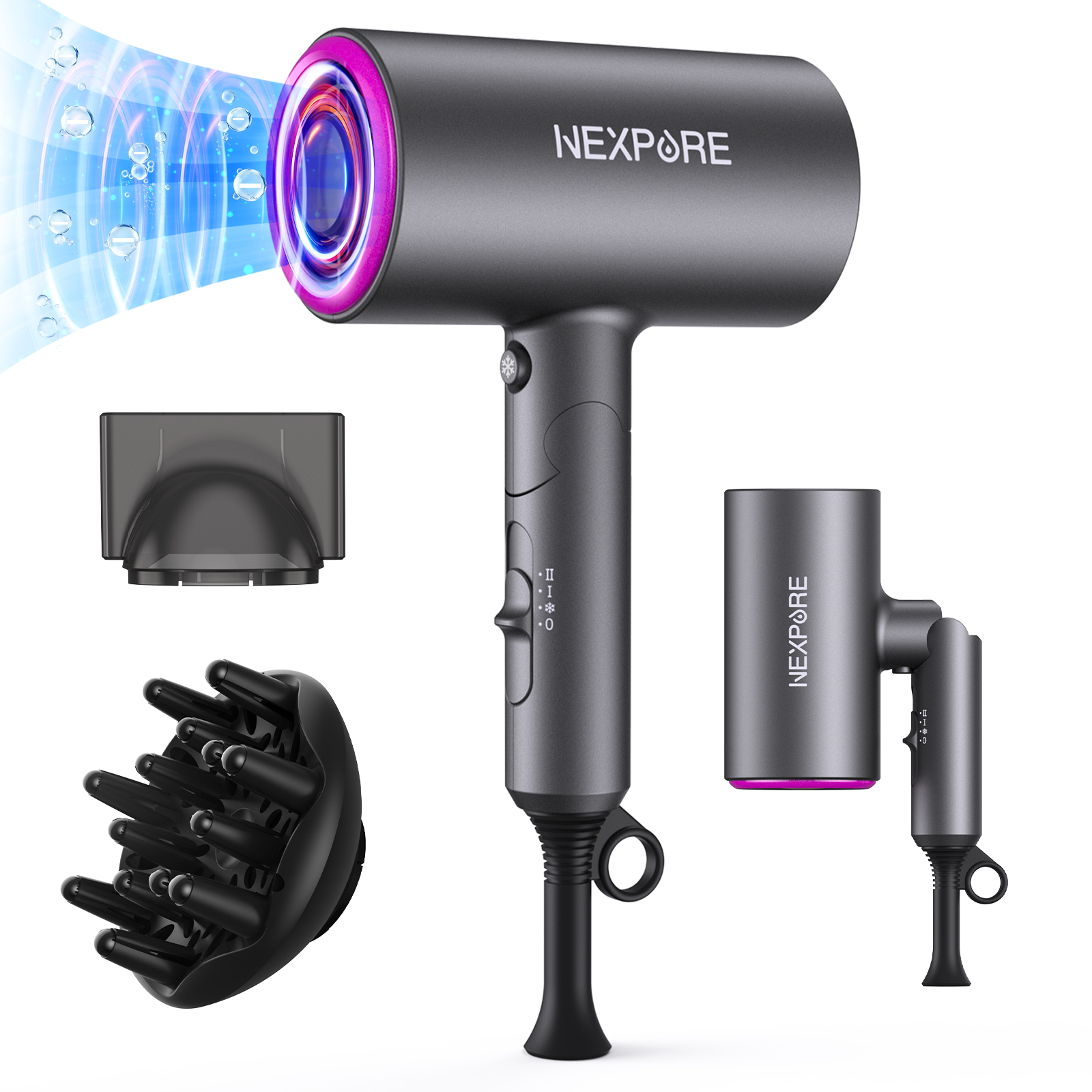 thumbnail video image 3 of Hair Dryer, NEXPURE 1800W Professional Ionic Blow Dryer for Hair Care, Powerful Wind for Hair Drying, 2 Attachments, Grey, 3 of 10