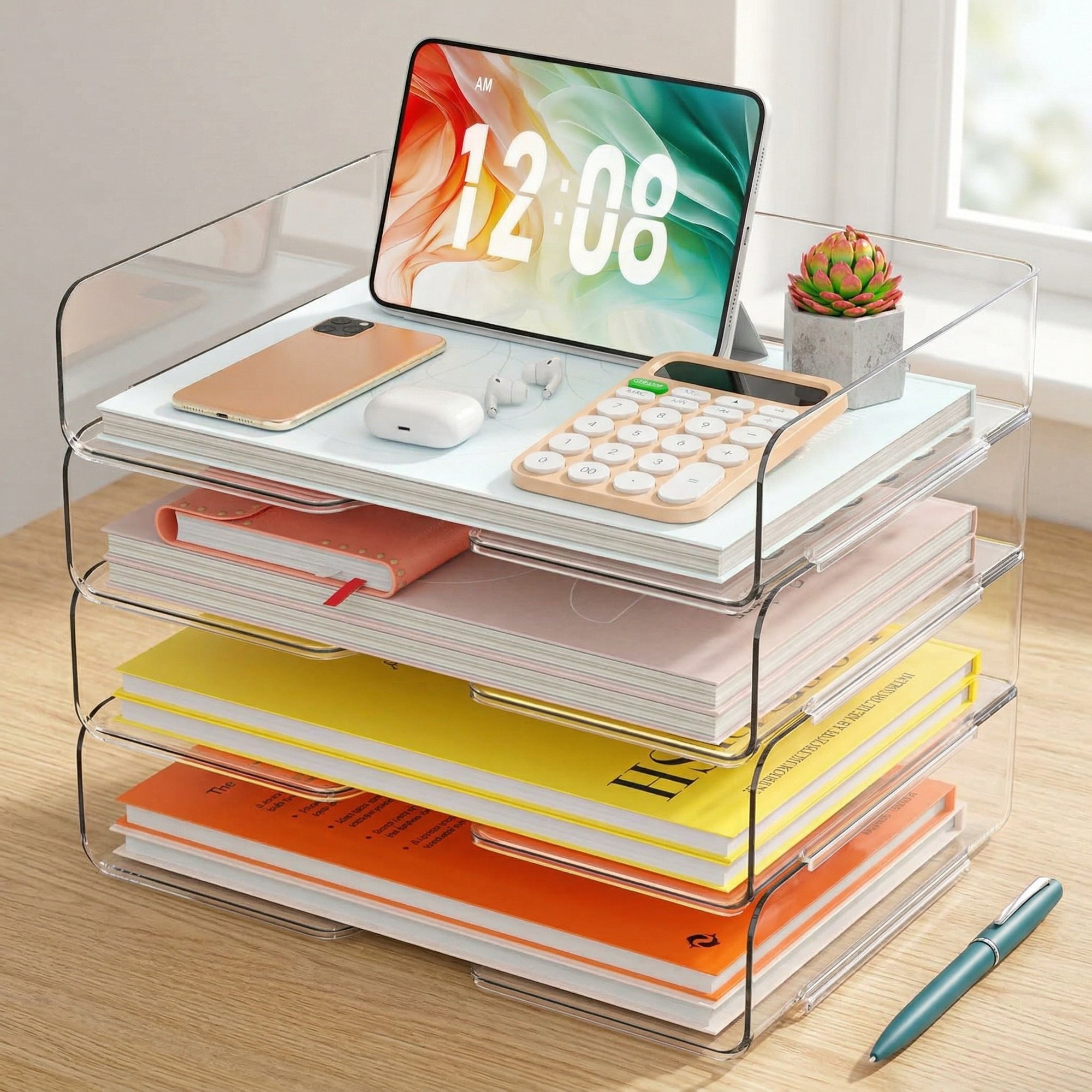 Clear 4-Tier Stackable Desk Organizer, Horizontal Paper File Tray ...