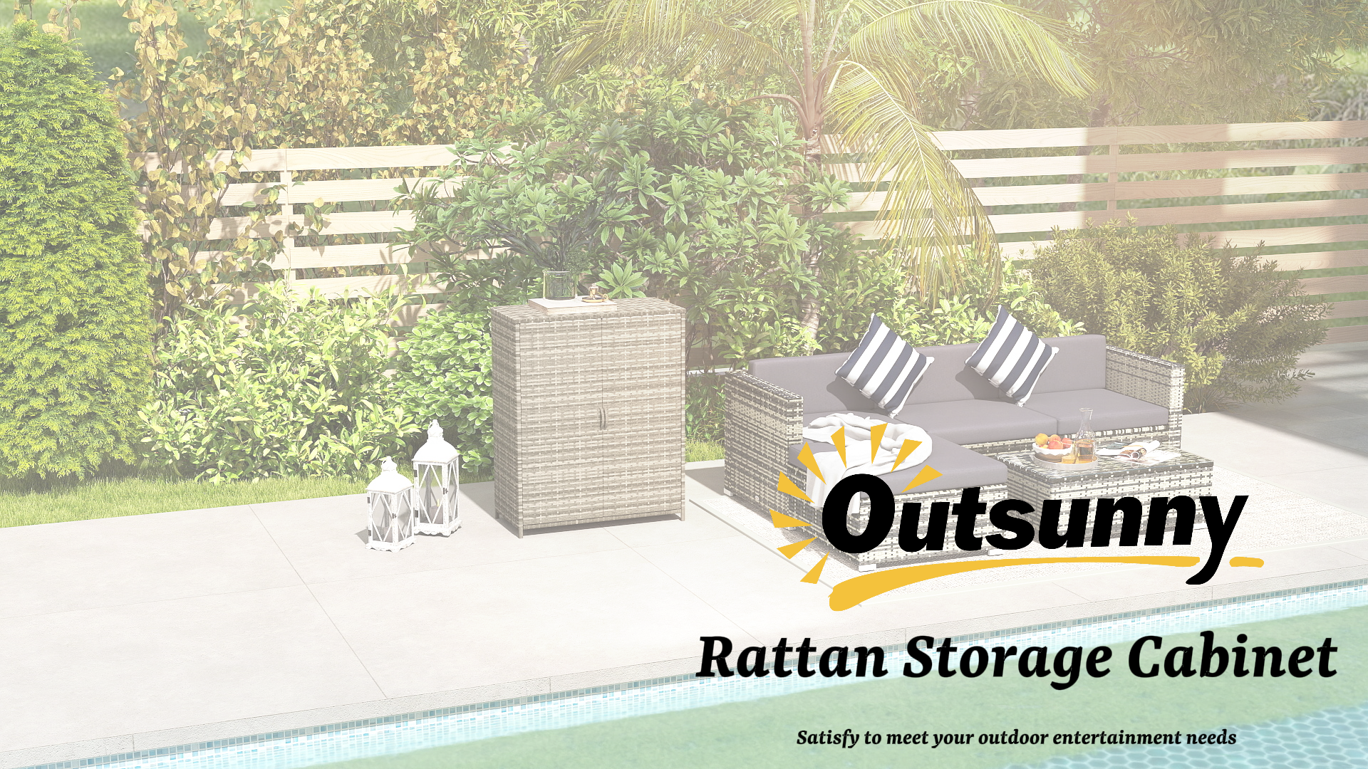 thumbnail video image 2 of Outsunny Wicker Outdoor Storage Cabinet with Shelves, 2-Door Rattan Outdoor Pool Towel Storage Cabinet for Garden, Backyard, Porch, Mixed Gray, 2 of 10