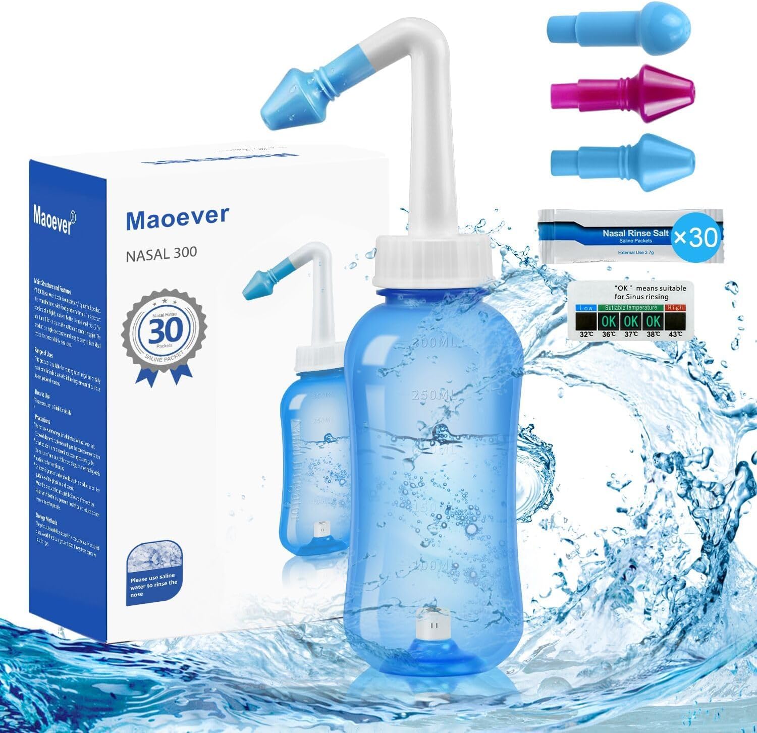 thumbnail video image 2 of Neti Pot Nettie Bottle Nasal Sinus Rinse 30 Salt Packets Pressure Nose Irrigation Wash Cleaner for Adult Kids BPA Free 300 ML netty bottle with Saline Packets Sticker Thermometer(Blue), 2 of 7