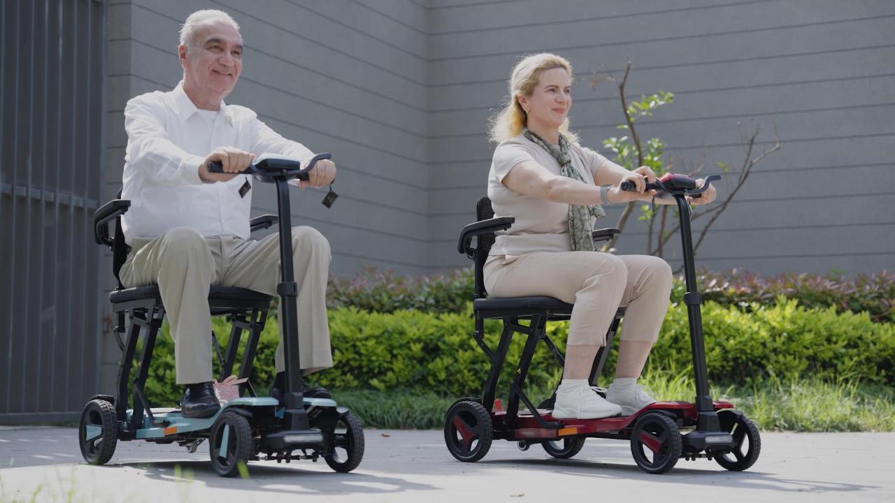 thumbnail video image 2 of ScootNGo Voyager 33 lbs Lightweight Foldable Mobility Scooter for Seniors & Adult, Airline Approved 4-Wheel Electric Scooter, NFC Unlock, Navy Blue, 2 of 10