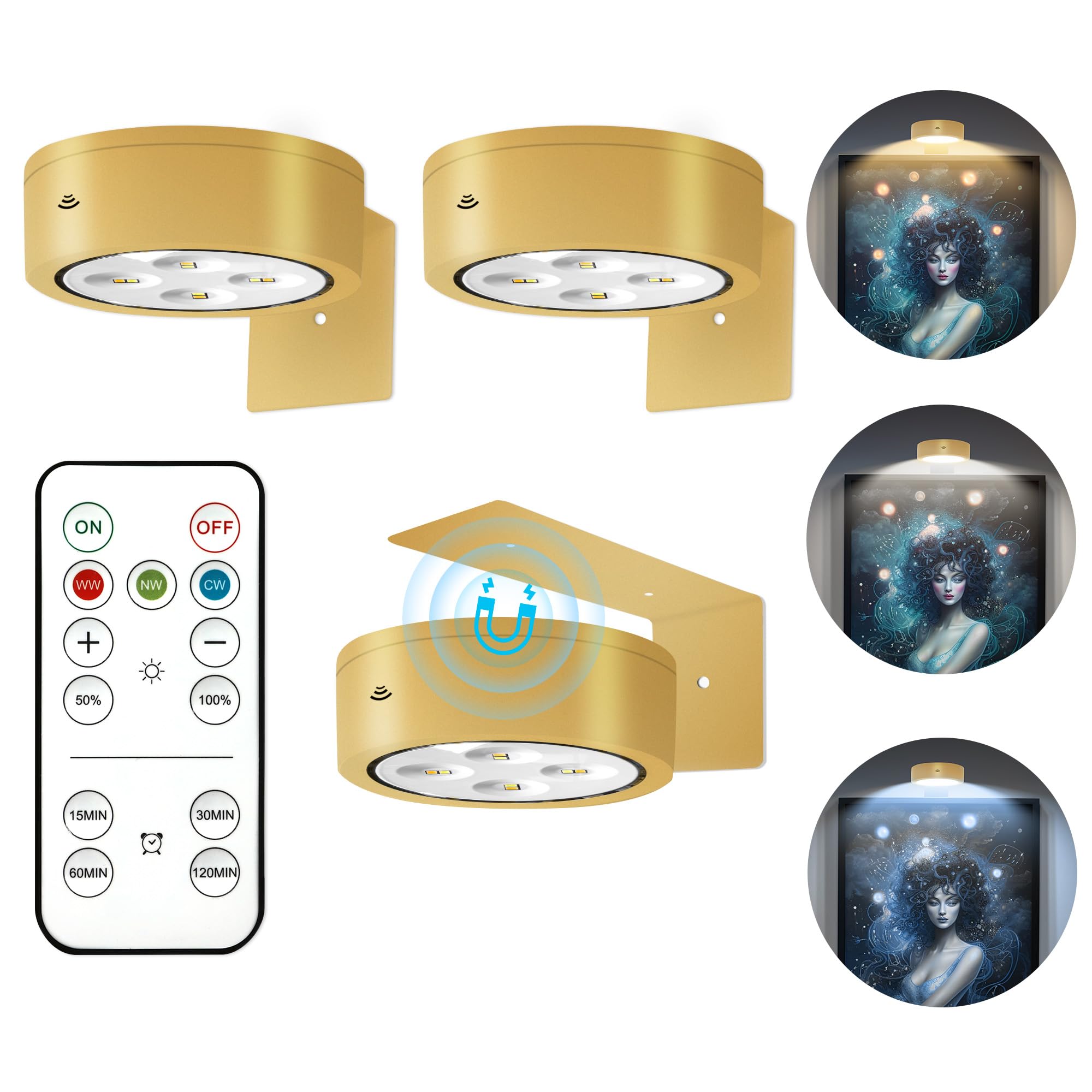 thumbnail video image 2 of PANGTON VILLA Wireless LED Picture Light with Remote, Dimmable Timer, 3 Modes, Battery Operated Art Display Light, 2 of 10