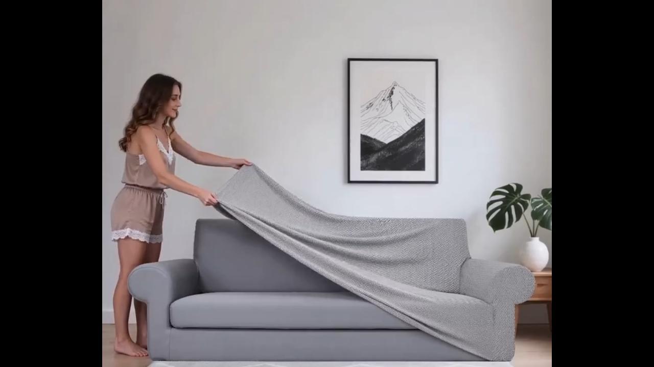 thumbnail video image 2 of Stretch Single Sofa Slipcover 1 Piece Couch Sofa Cover (35.4"-55") Furniture Protector 1 Seater Sofa with Elastic Bottom for Kids,Pet Dog, Jacquard Pattern, Brown, 2 of 10