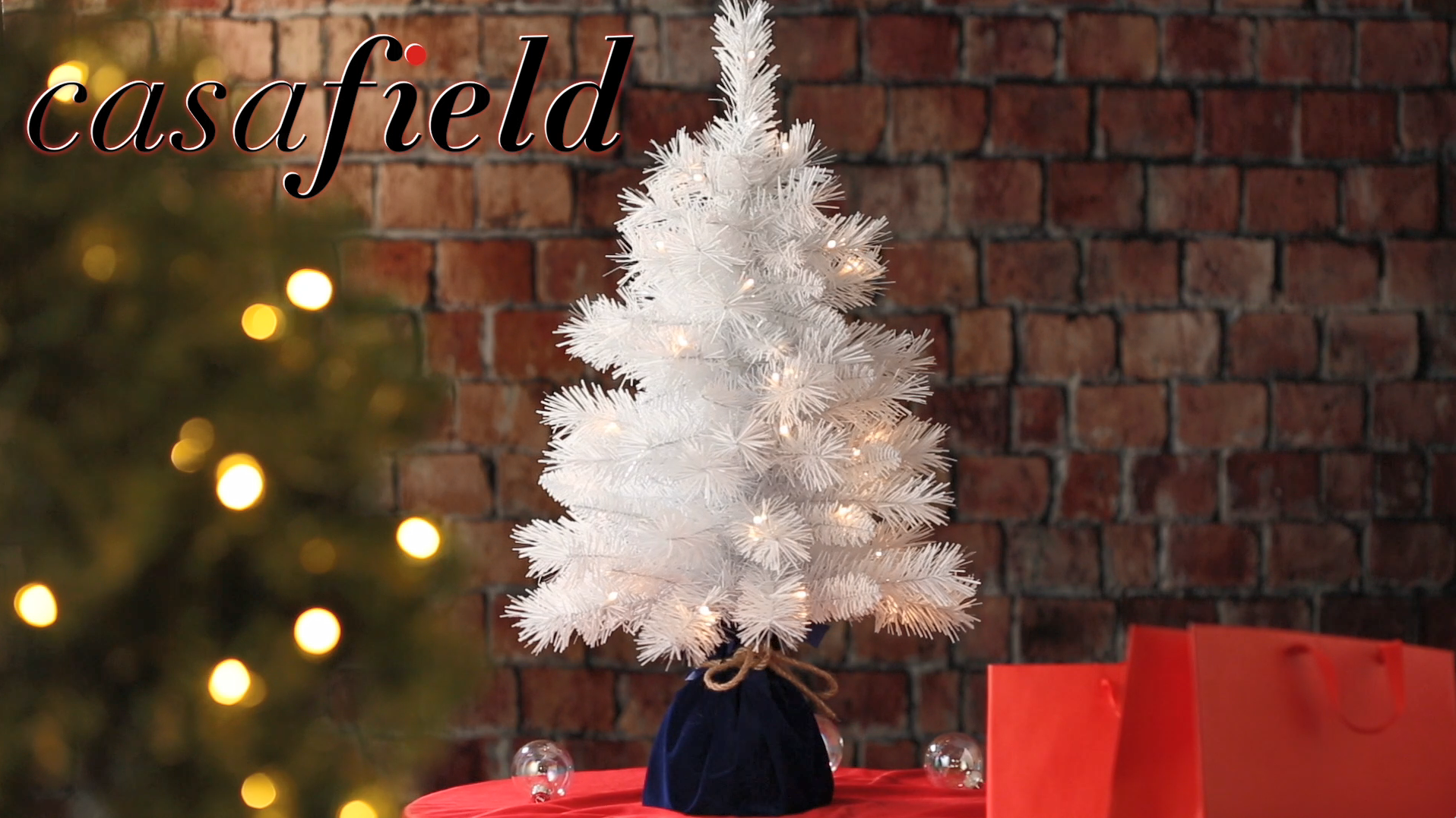 thumbnail video image 2 of 2FT Pre-Lit Artificial Mini Christmas Tree, White Tabletop Tree with White Lights and Velvet Bag, 2 of 7