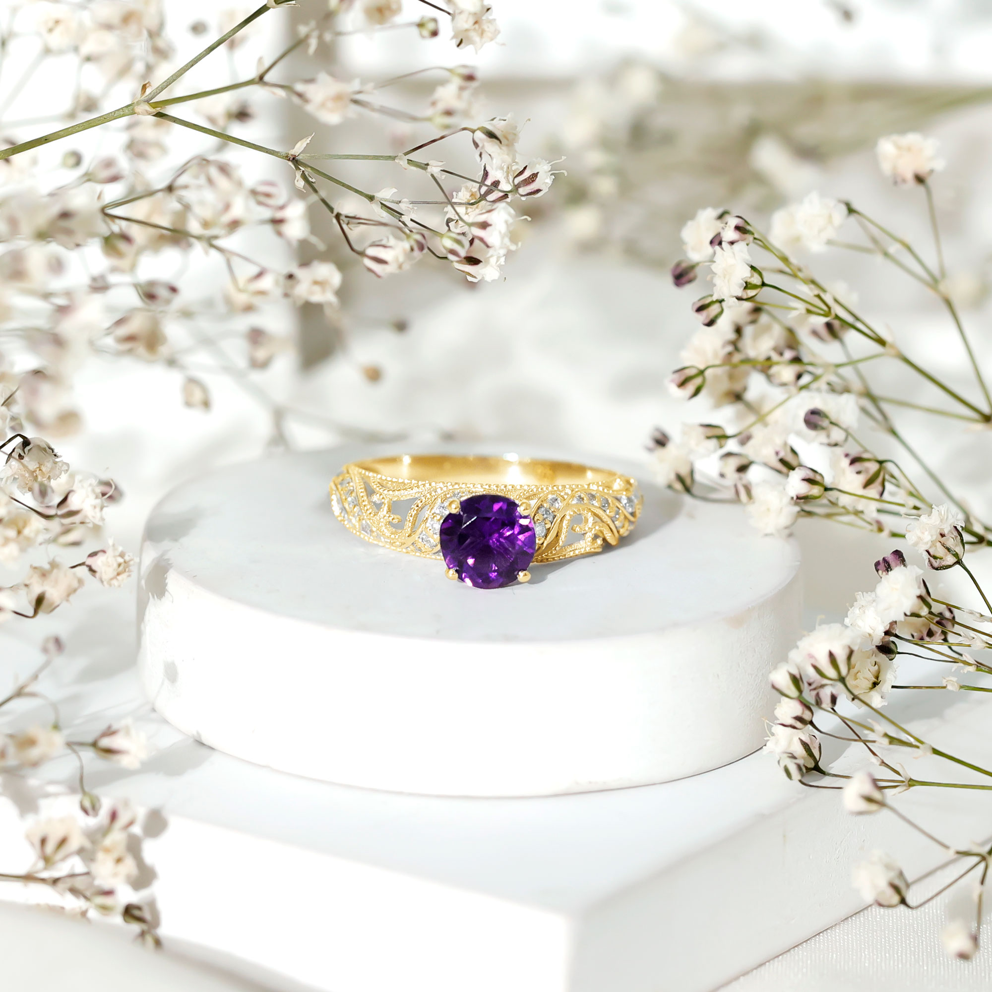 thumbnail video image 2 of Rosec Jewels Amethyst Engagement Ring with Diamond (6 MM Round AAA Quality Amethyst), 14K White Gold, US 3.00, 2 of 8