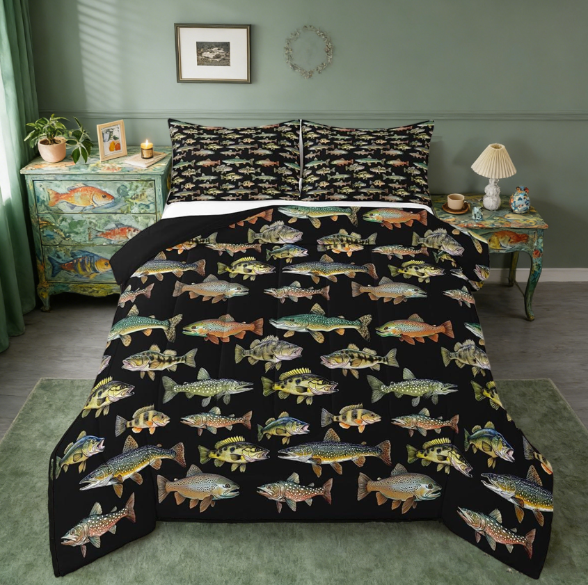 thumbnail video image 2 of Manfei Pike Fish Queen Comforter Set,Vintage Fishing Bedding Comforter Set For Boys Girls,Fishing And Hunting Animals Marine Life Reversible 3 Pieces, 2 of 8