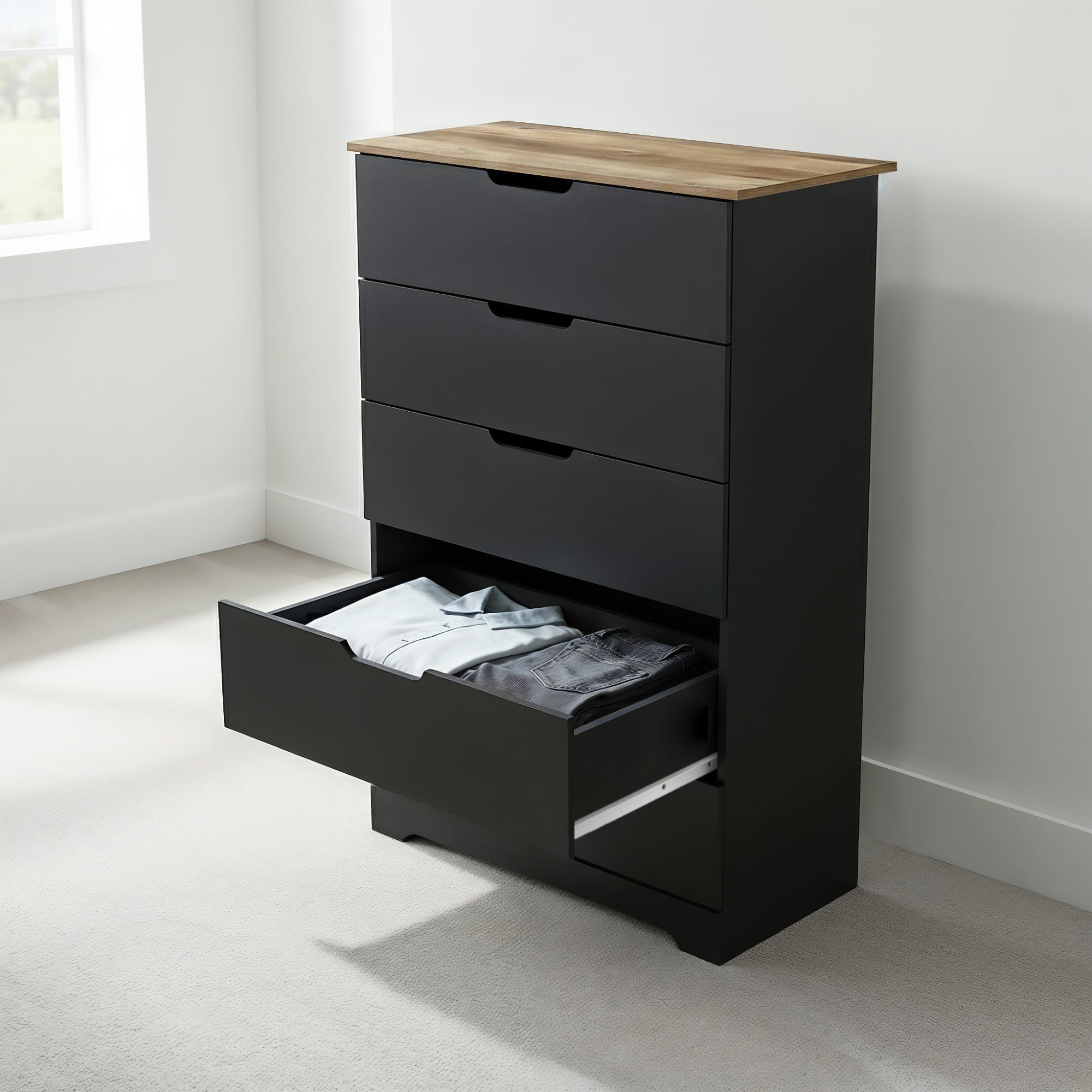 thumbnail video image 2 of STYLIVIA 5 Drawer Tall Dresser for Adults with Cut-Out Handles Dusty Gray Oak 31.3" W x 15.6" D x 47.2" H, 2 of 17