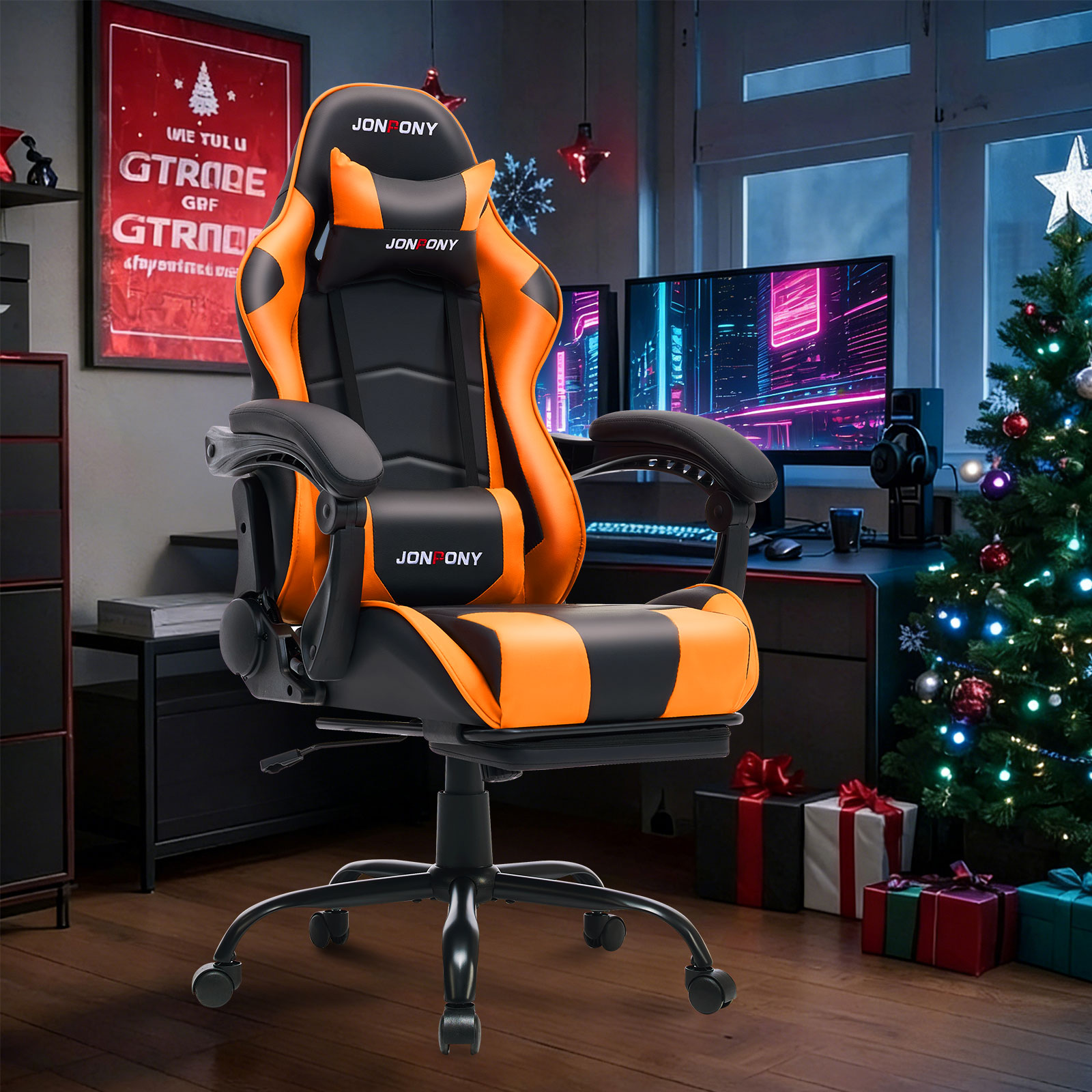 thumbnail video image 2 of JONPONY Big and Tall 500LBS Gaming Chair, Ergonomic Design, Gamer Chair PU Leather with Footrest and Lumbar Support, High Back Office Chair Support, Long Sitting Computer Chair, Orange, 2 of 9