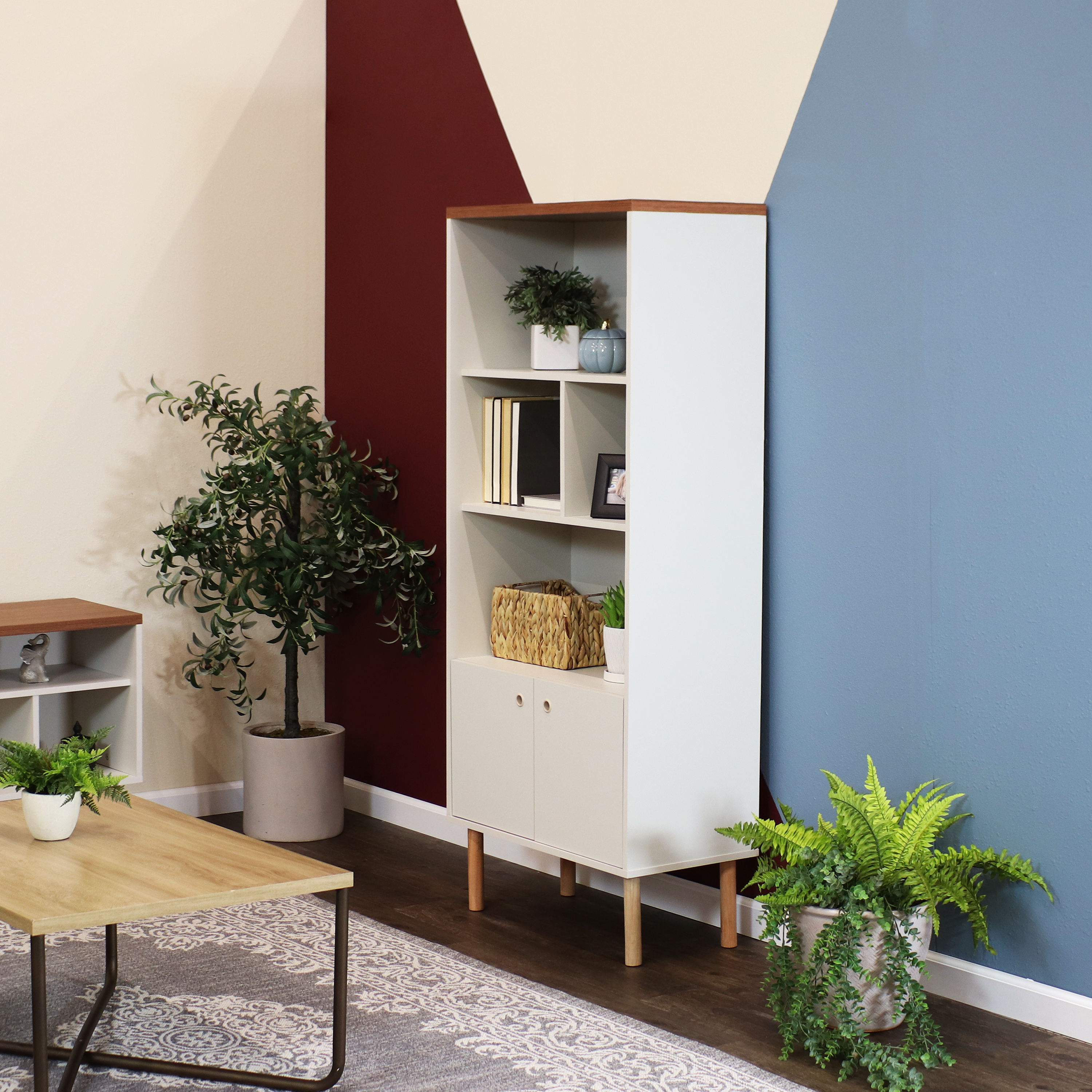 thumbnail video image 2 of Sunnydaze Mid-Century Modern 5-Shelf Bookshelf with Storage Cabinet, Latte, 2 of 12