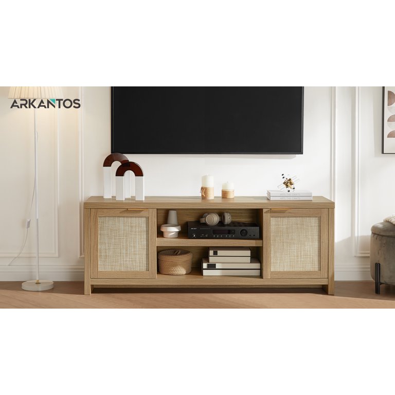 YAUKOMEL Rattan TV Console For TVs Up To 65" - Boho Mid-Century Modern Entertainment Center With Adjustable Shelves, Caramel Oak Finish (58.98"L)