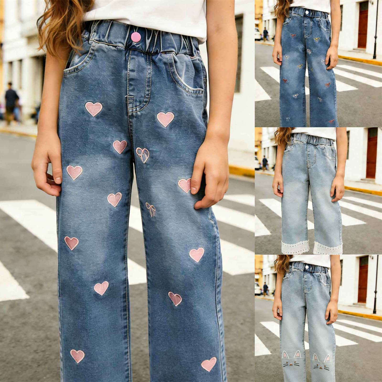 thumbnail video image 2 of Girl jeans Baggy Wide Leg Elastic Waist Cargo Trousers Denim Pants with Pockets Cute Pants for Girls Size 9-10 Years, JN1-Grey3, 2 of 5