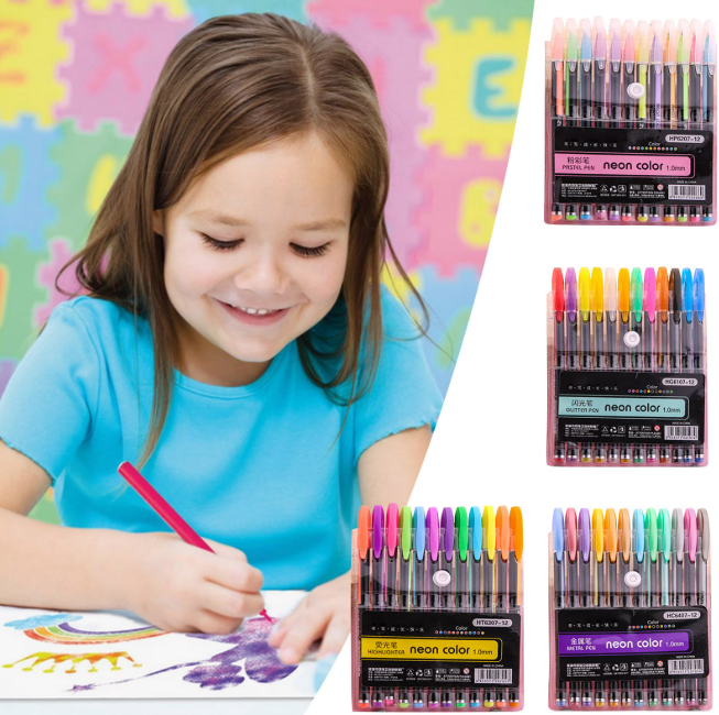 thumbnail video image 2 of SeekLGT Glitter Gel Pens 12 Colors Set 1.0mm Diamond Head Fluorescent Marker Pens Sparkling Metallic Neon Pens for Adult Coloring, 2 of 10