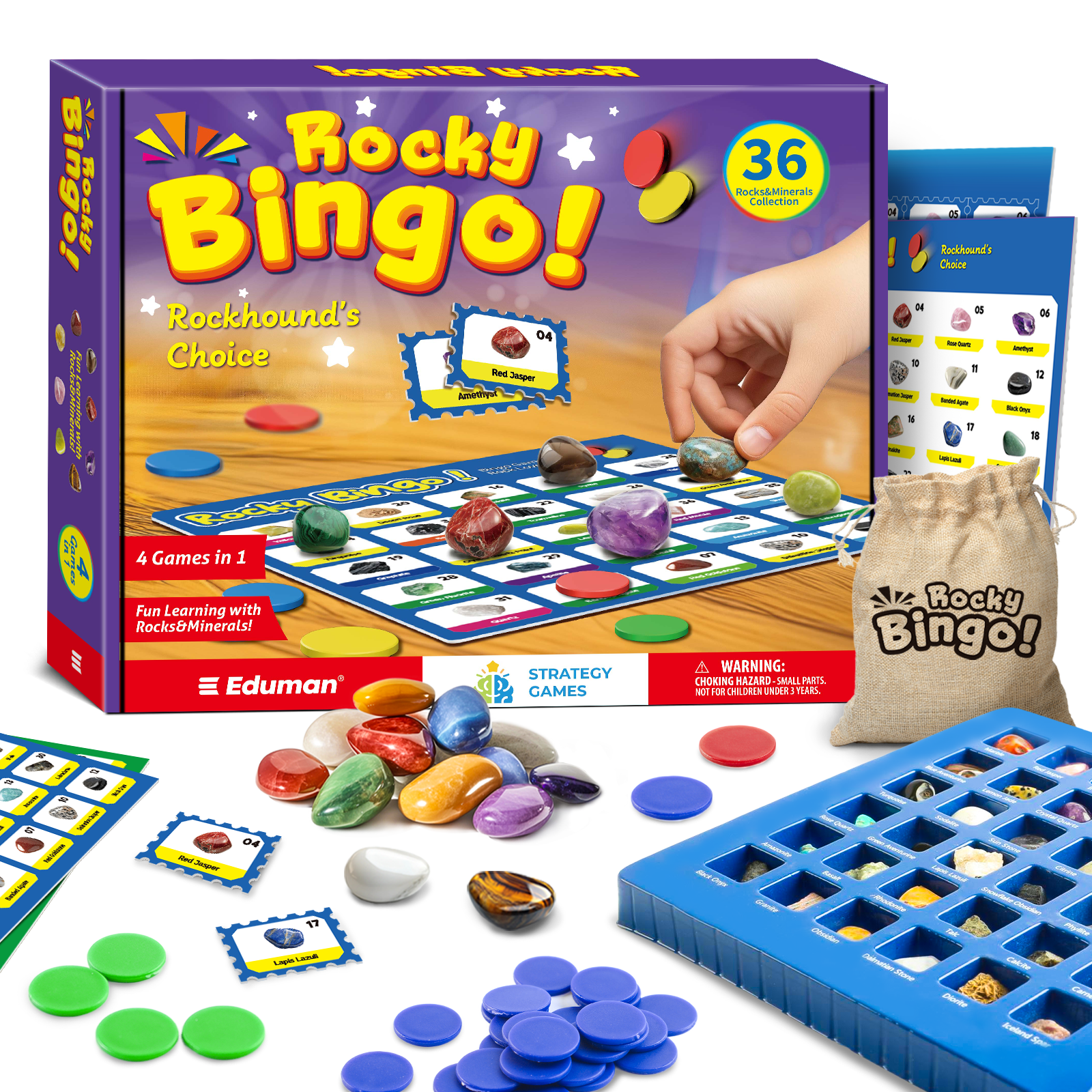 thumbnail video image 2 of Piano Potato Rocks Bingo Game for Kids, STEM Rock Collection Kit with 36 Real Gemstones & Minerals, Educational Geology Gift for Ages 6+, 2 of 7
