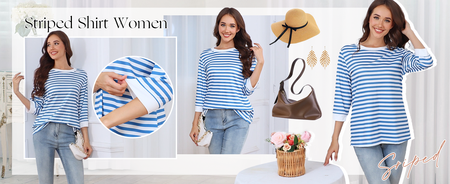 thumbnail video image 2 of Ronuti Womens T Shirts 3/4 Length Sleeve Womens Tops Dressy Casual Crew Neck Color Block Tunic Tops, 2 of 8