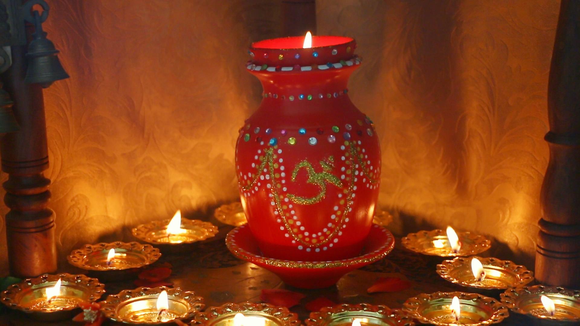 thumbnail video image 2 of Red Ceramic Kalash Puja Decoration - Includes Plate & Diwali Diya,Decorative Glitter OM Lota Hindu Gifts for Diwali Home Decor Mandir Temple Altar Pooja Decor Hindu Wedding Housewarming Gifts, 2 of 10