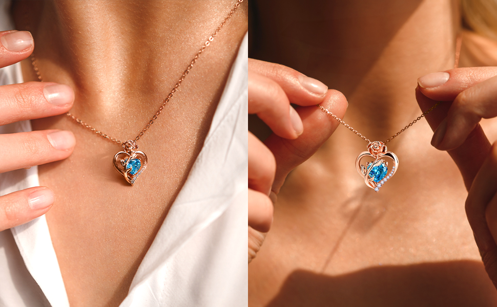 thumbnail video image 2 of Heart Birthstone Necklace for Women, 925 Sterling Silver Rose Gold Necklace Pendant Jewelry Gifts for Her Wife Mom Women, 2 of 9