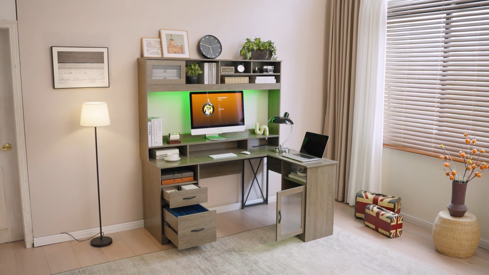 thumbnail video image 2 of Bestier Farmhouse 63" L Shaped Desk with Hutch, Wood Computer Desk with Drawers, Charging Station, LED Light, Fluted Sliding Door Cabinet, Monitor Stand, Executive Desk for Home Office, Grey, 2 of 11