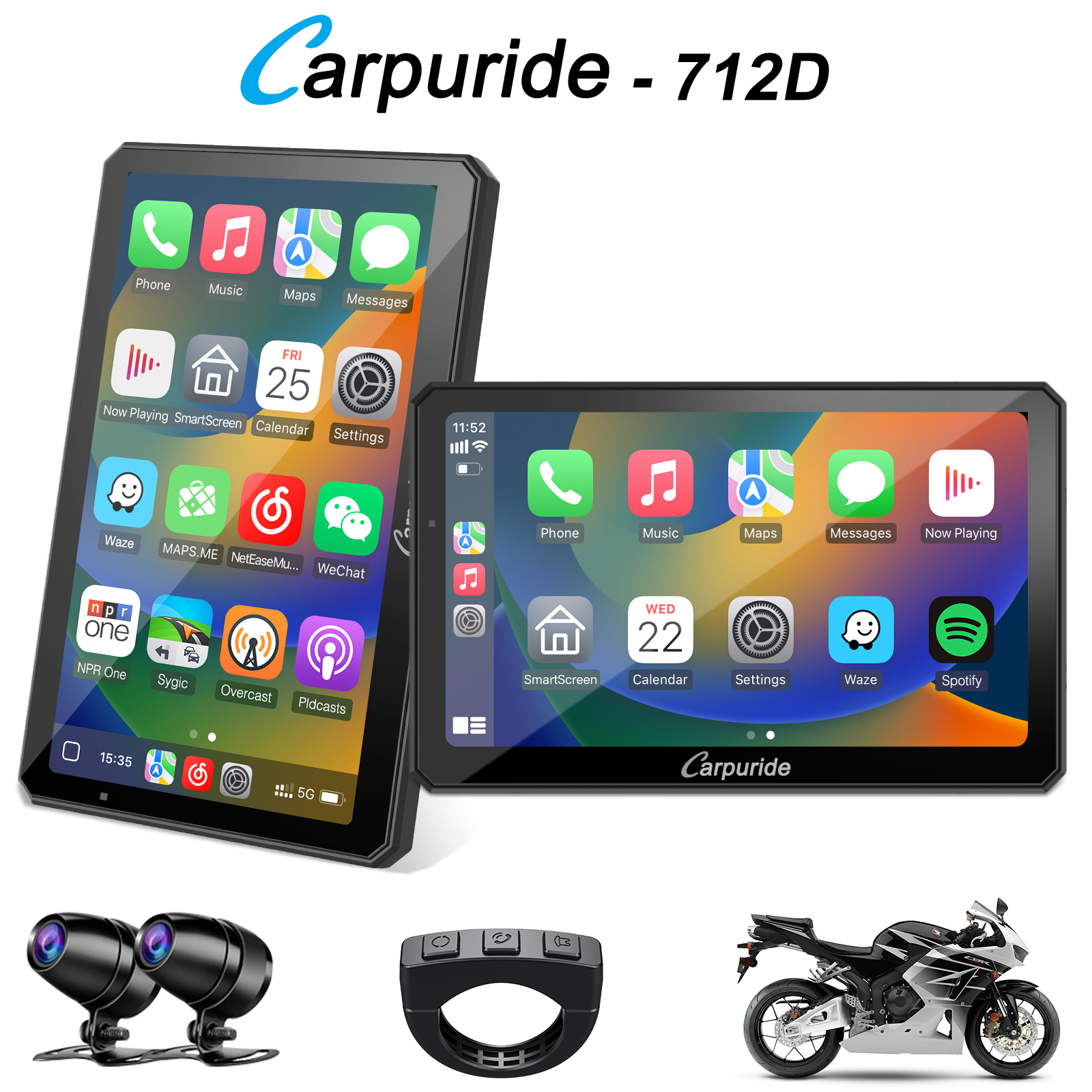 thumbnail video image 2 of Carpuride Motorcycle HD Dual 1080P Dash Cam, Wireless Apple CarPlay & Android Auto Wire Control, Horizontal  Vertical Rotation 7" Touch Screen (712D), 2 of 12