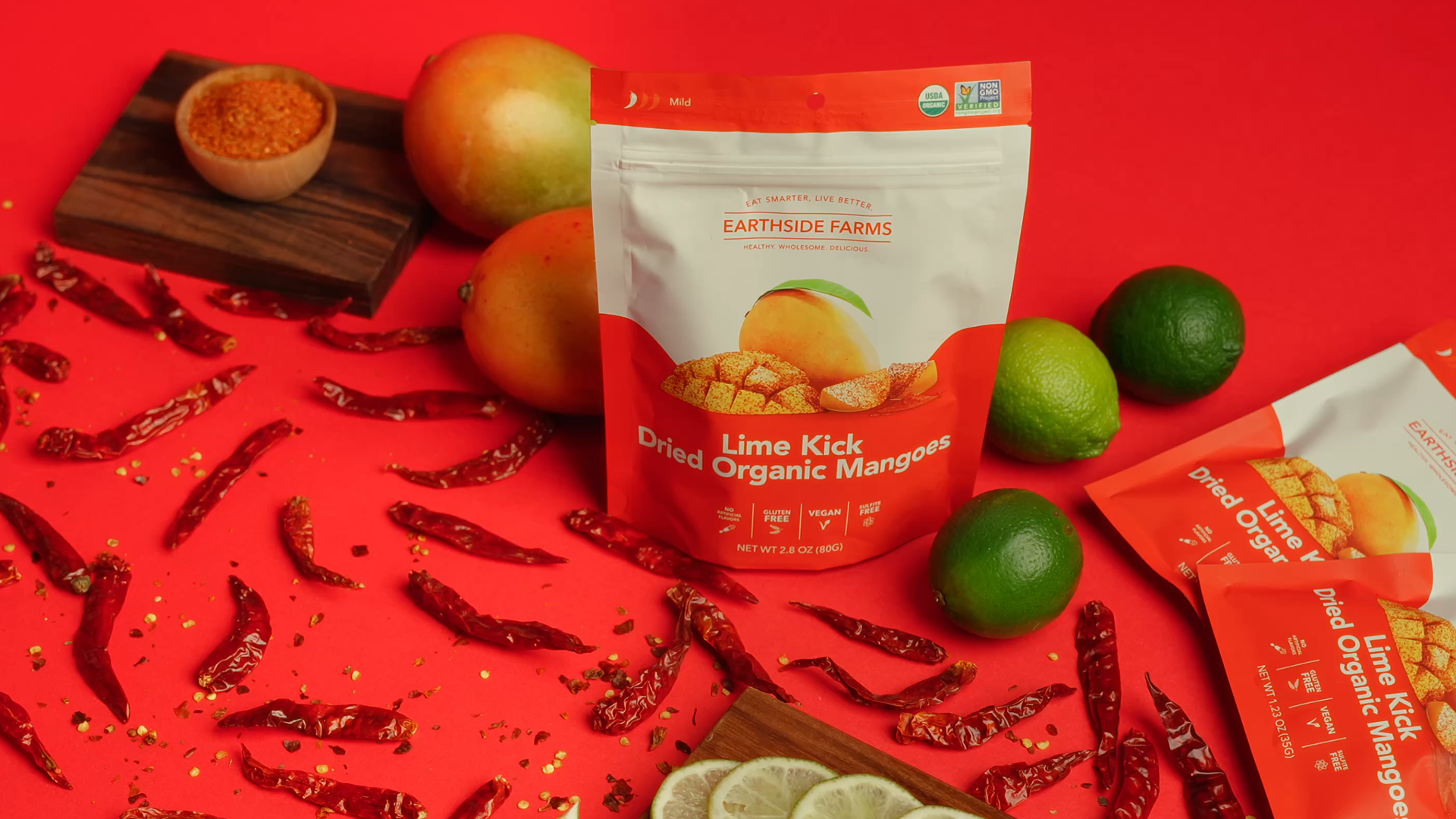 thumbnail video image 2 of Earthside Farms Lime Kick Dried Organic Mangoes, 6 Pack, 2.8oz, 2 of 8