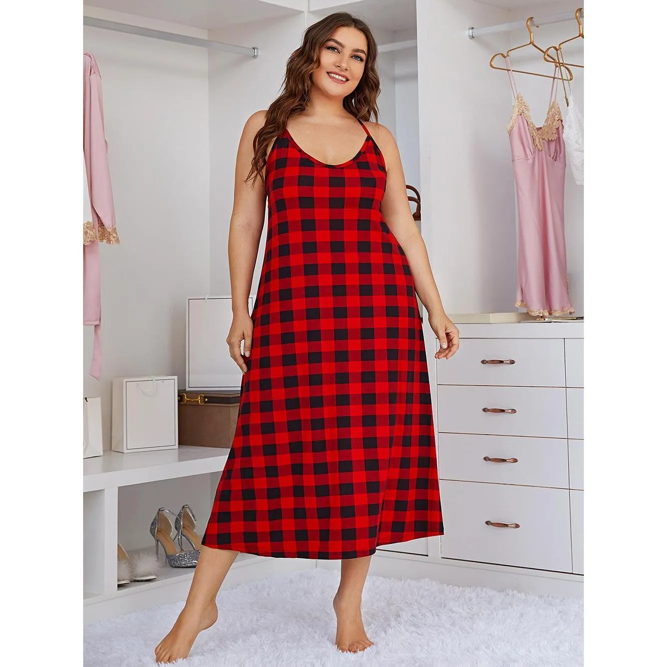 thumbnail video image 2 of ebukurty Plus Size Nightgown for Women Sleeveless Red Plaid Oversized Sleepwear, Sizes 1XL-4X, 2 of 12
